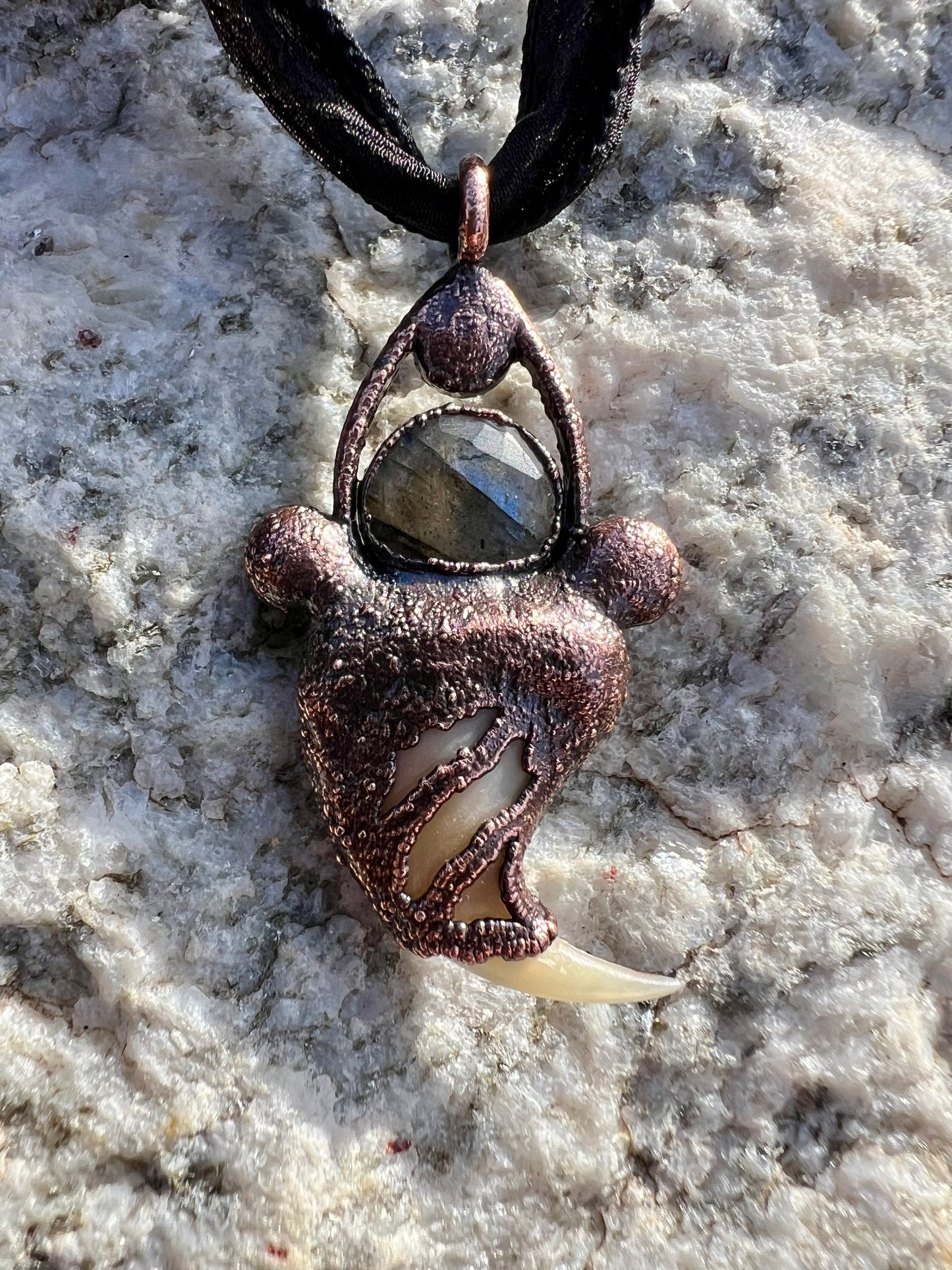 Cougar Claw Necklace with Labradorite and Obsidian - Copper Electroformed