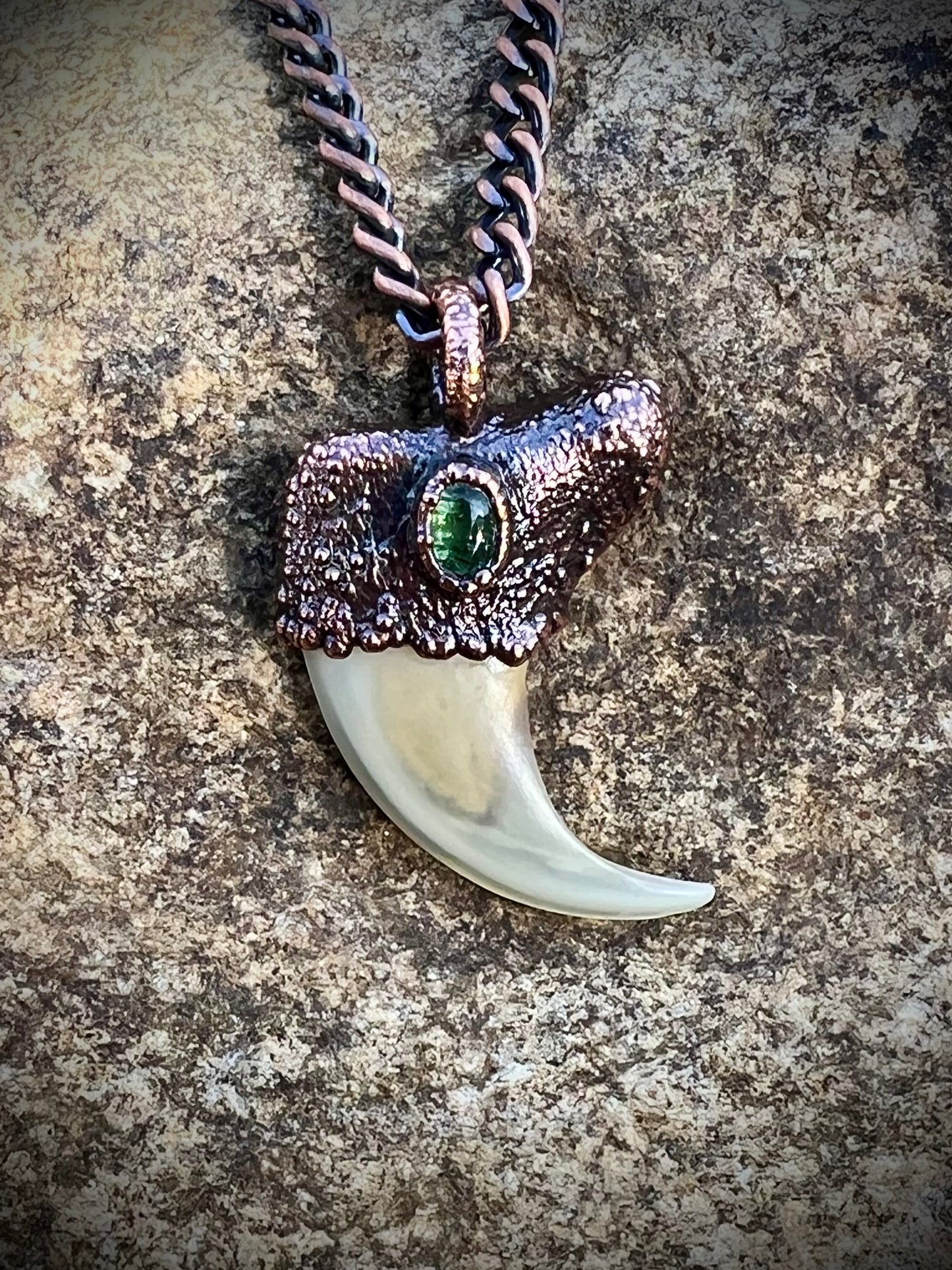 Cougar Claw with Green Tourmaline - Copper Electroformed Necklace