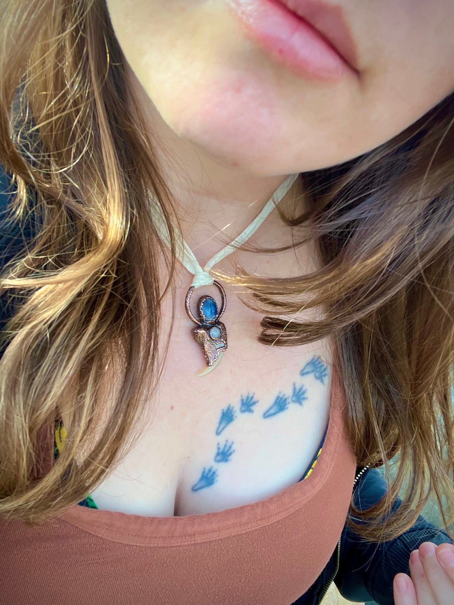 Cougar Claw with Blue Kyanite and Rainbow Moonstone - Copper Electroformed Necklace