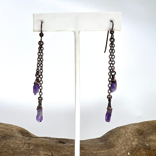 Amethyst Double Strand Dangle Earrings, Antique Finish - Copper Electroformed