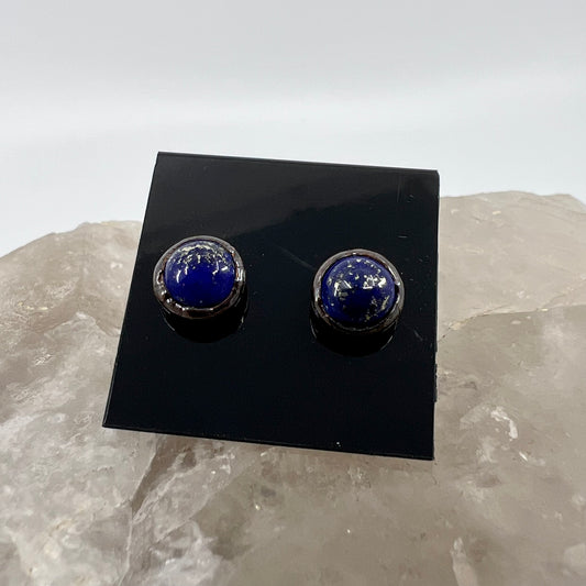 Lapis Lazuli Stud Earrings, Gunmetal Finish - Copper Electroformed