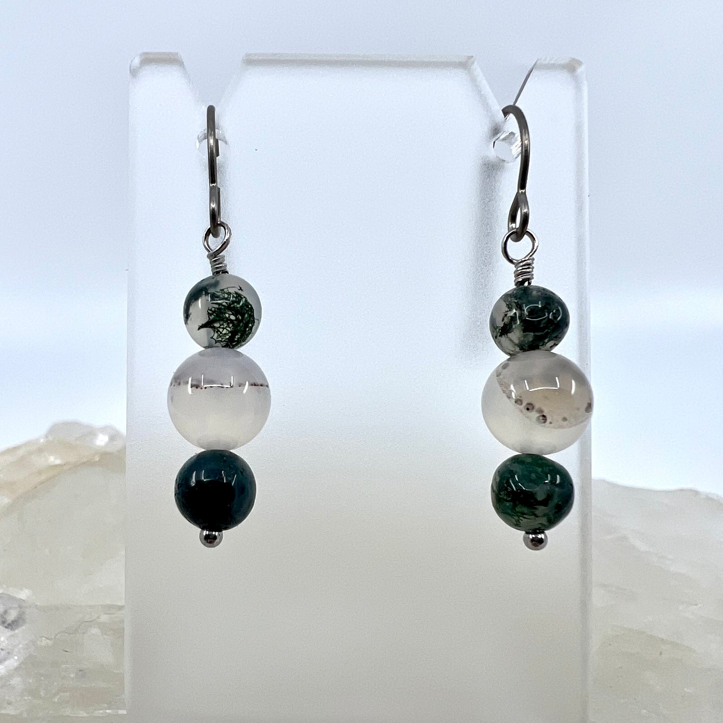 Moss Agate & Montana Agate Drop Earrings, Smooth Finish