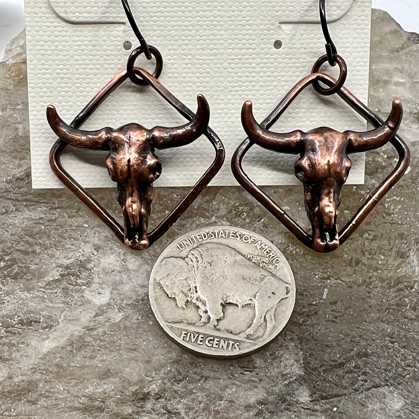 Buffalo Skull Replica Earrings - Copper Electroformed