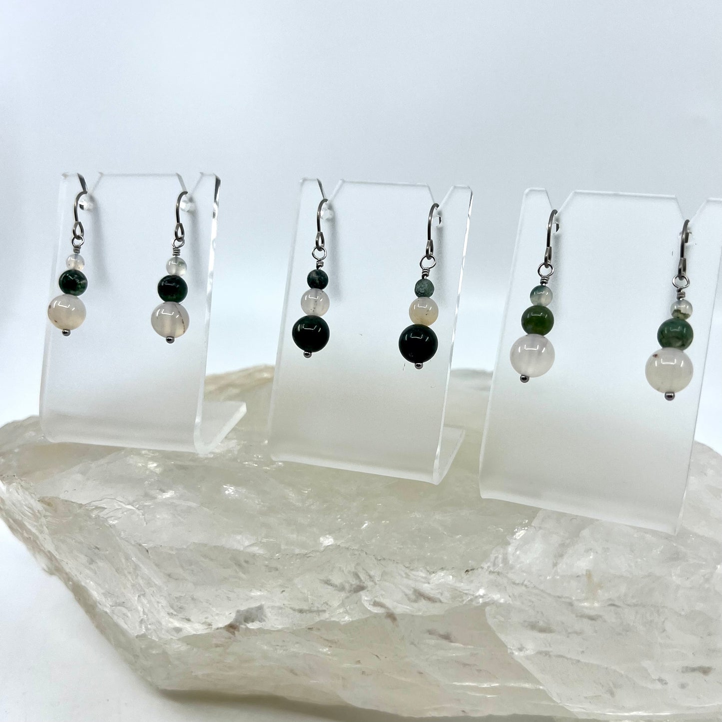 Moss Agate & Montana Agate Drop Earrings, Smooth Finish