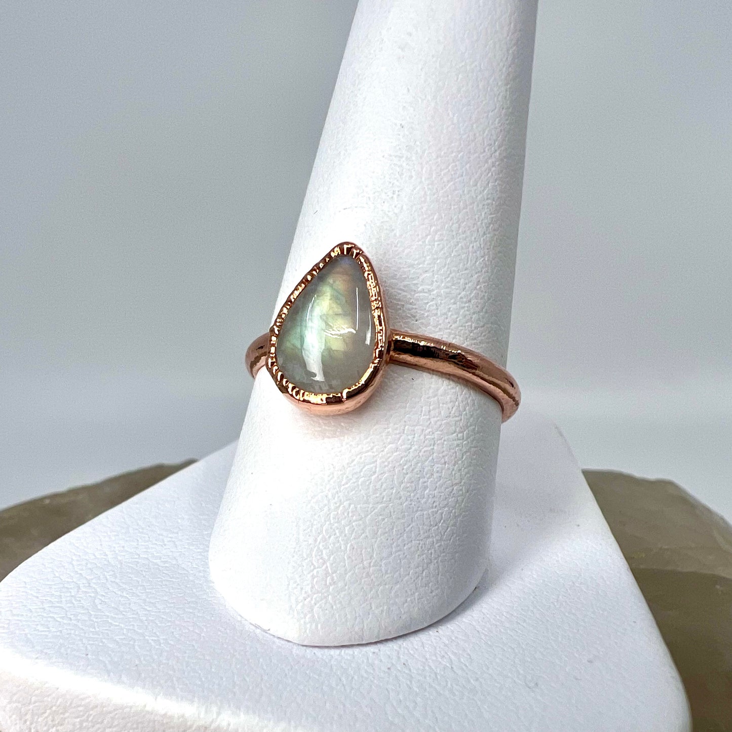 Size 8 Rainbow Moonstone Ring - Copper Electroformed