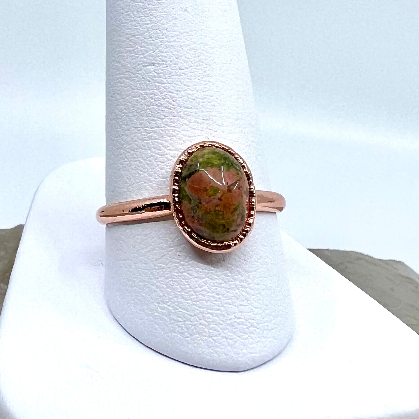 Size 8.5 Unakite Jasper Ring - Copper Electroformed