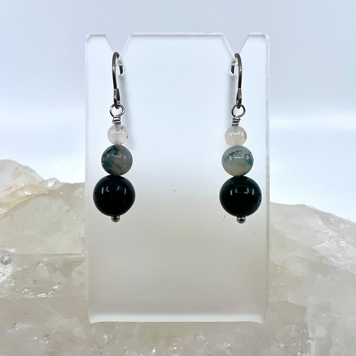 Moss Agate & Montana Agate Drop Earrings, Smooth Finish