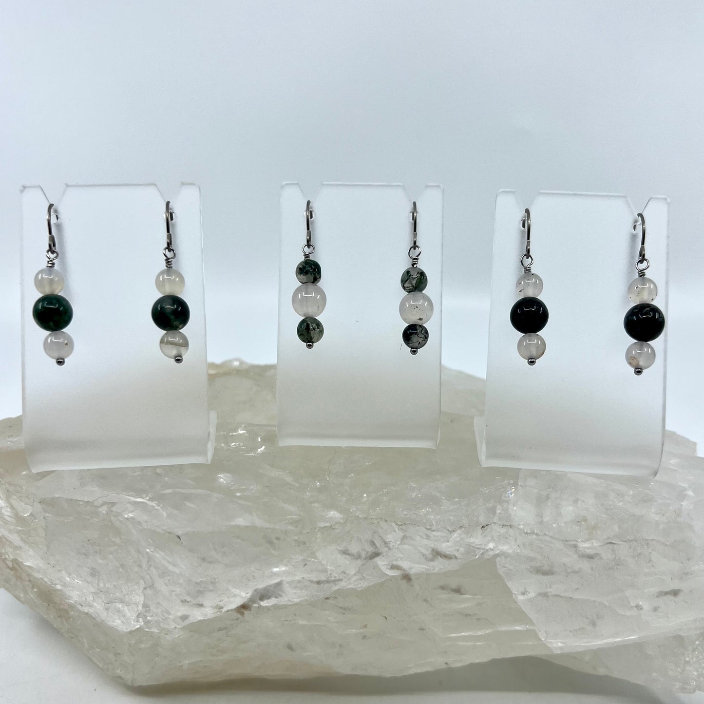 Moss Agate & Montana Agate Drop Earrings, Smooth Finish