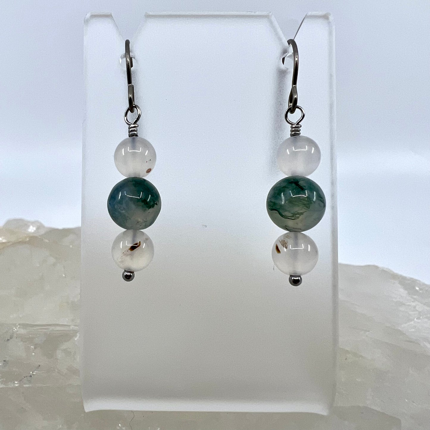 Moss Agate & Montana Agate Drop Earrings, Smooth Finish