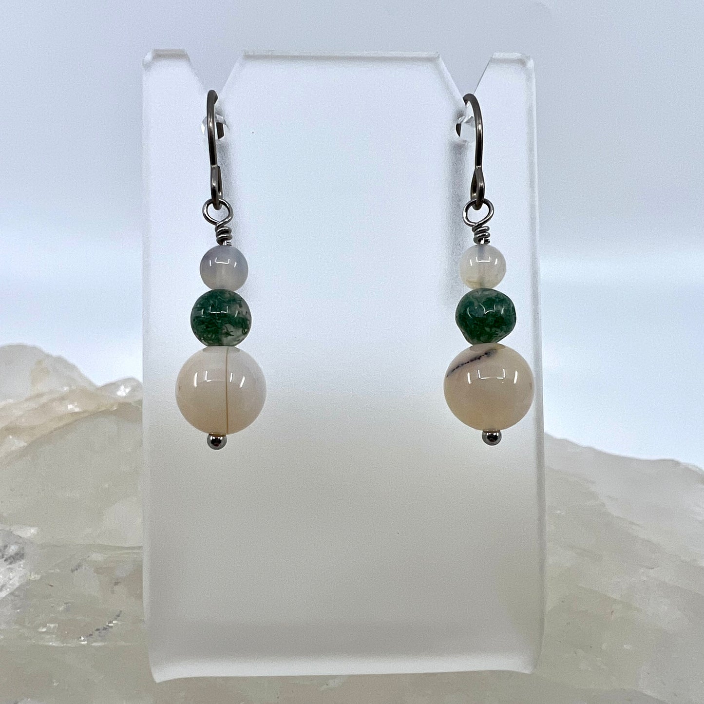 Moss Agate & Montana Agate Drop Earrings, Smooth Finish