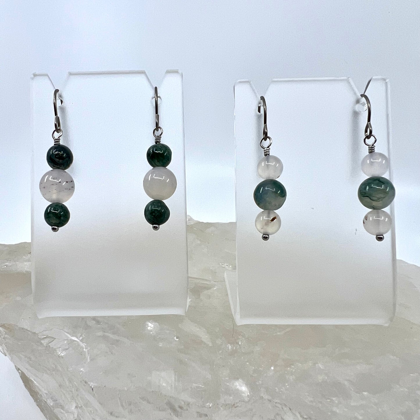 Moss Agate & Montana Agate Drop Earrings, Smooth Finish