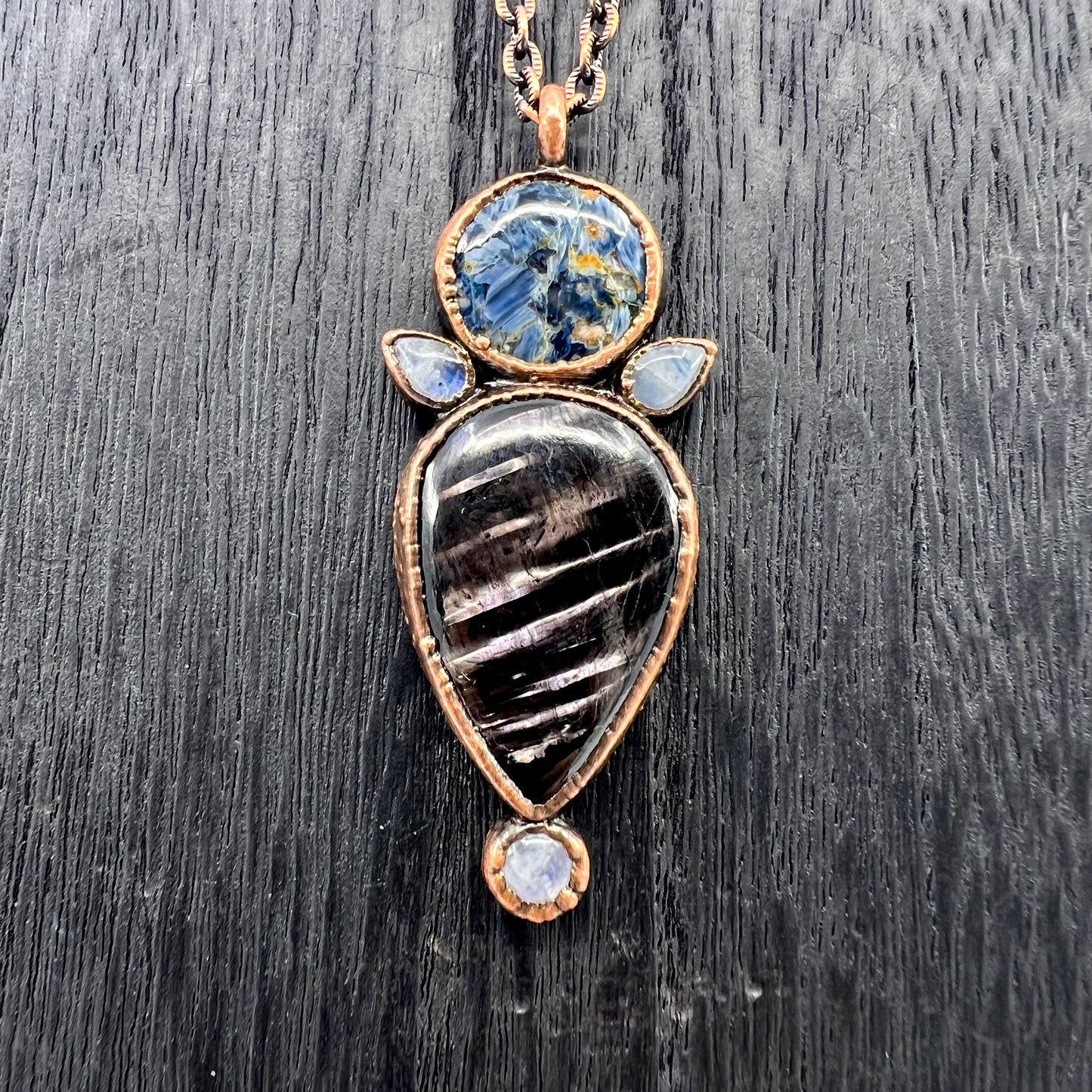 Hypersthene, Pietersite, and Rainbow Moonstone Necklace - Copper Electroformed