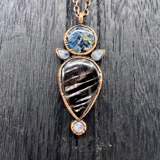 Hypersthene, Pietersite, and Rainbow Moonstone Necklace - Copper Electroformed