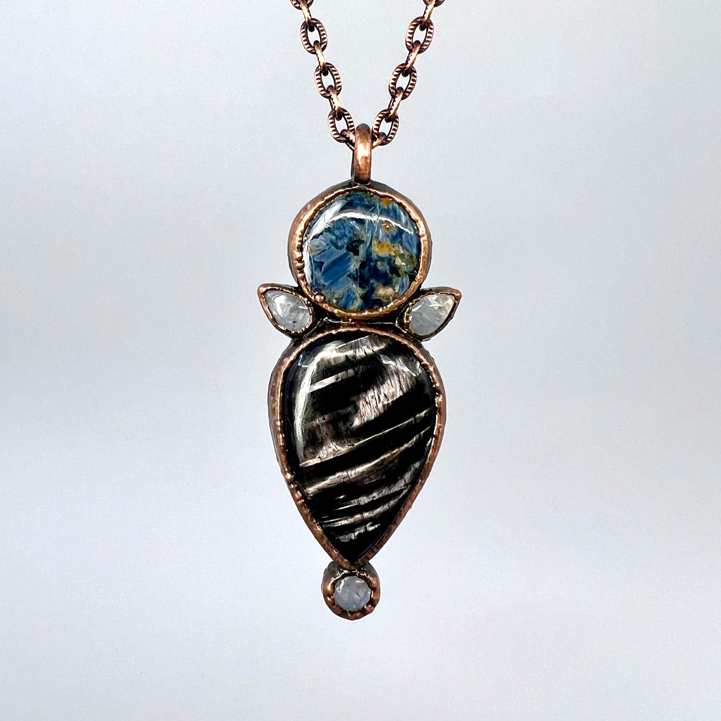 Hypersthene, Pietersite, and Rainbow Moonstone Necklace - Copper Electroformed