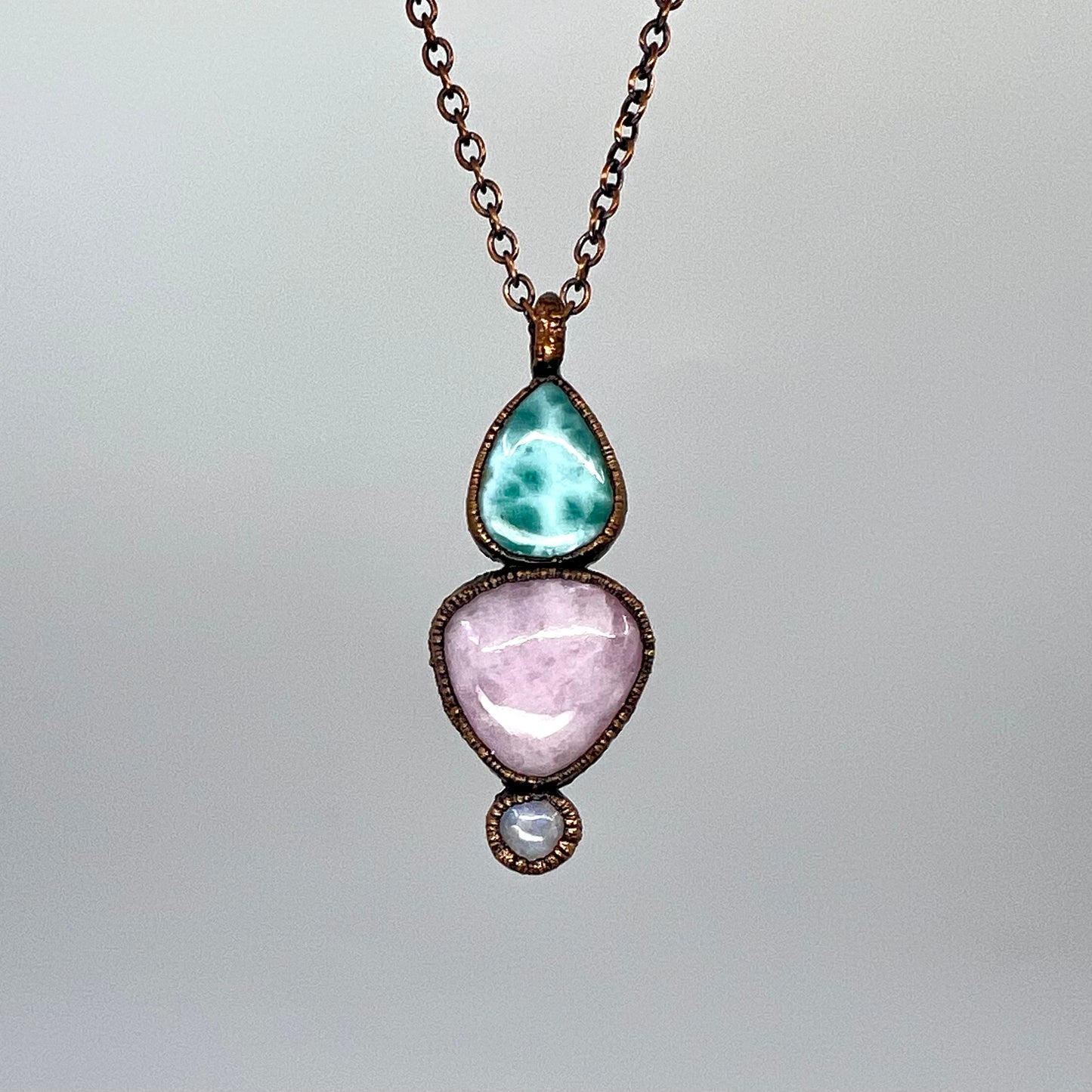 Larimar, Kunzite, and Moonstone Combo Necklace - Copper Electroformed