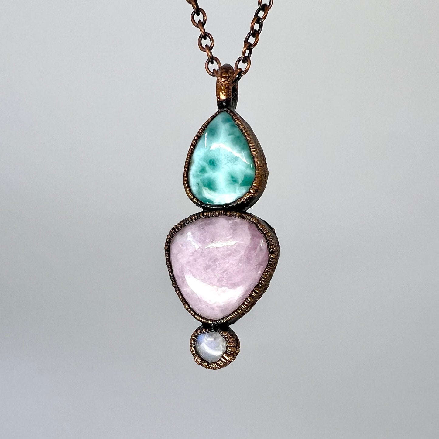 Larimar, Kunzite, and Moonstone Combo Necklace - Copper Electroformed