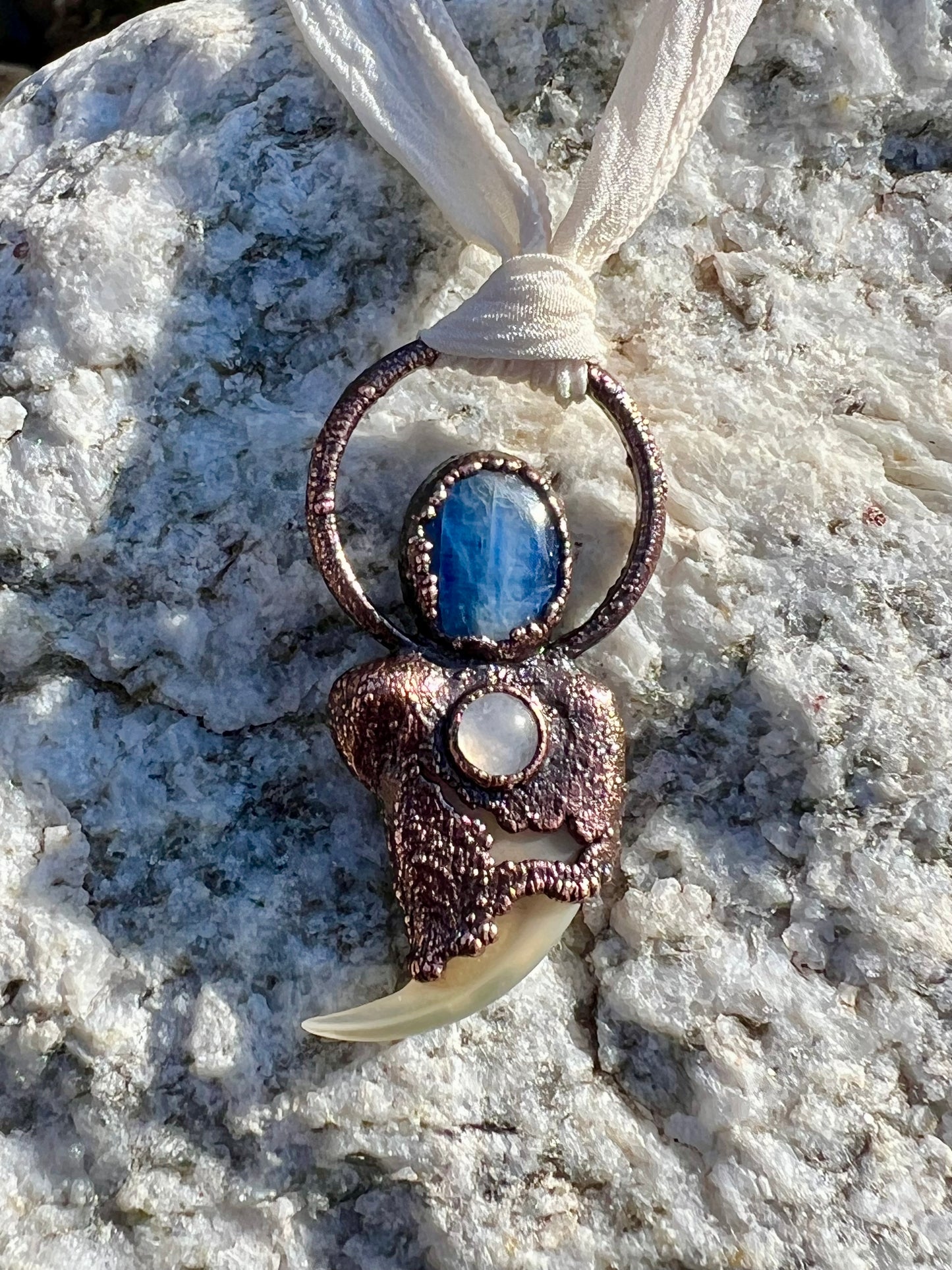 Cougar Claw with Blue Kyanite and Rainbow Moonstone - Copper Electroformed Necklace