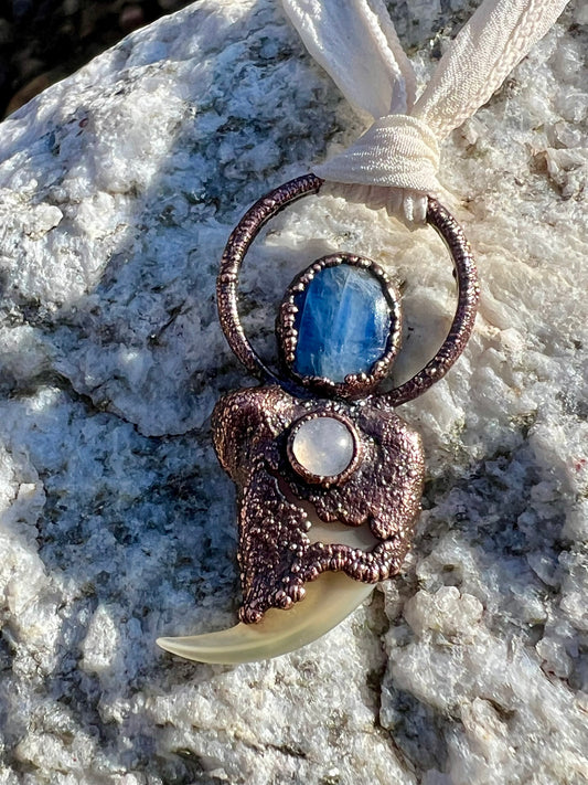 Cougar Claw with Blue Kyanite and Rainbow Moonstone - Copper Electroformed Necklace