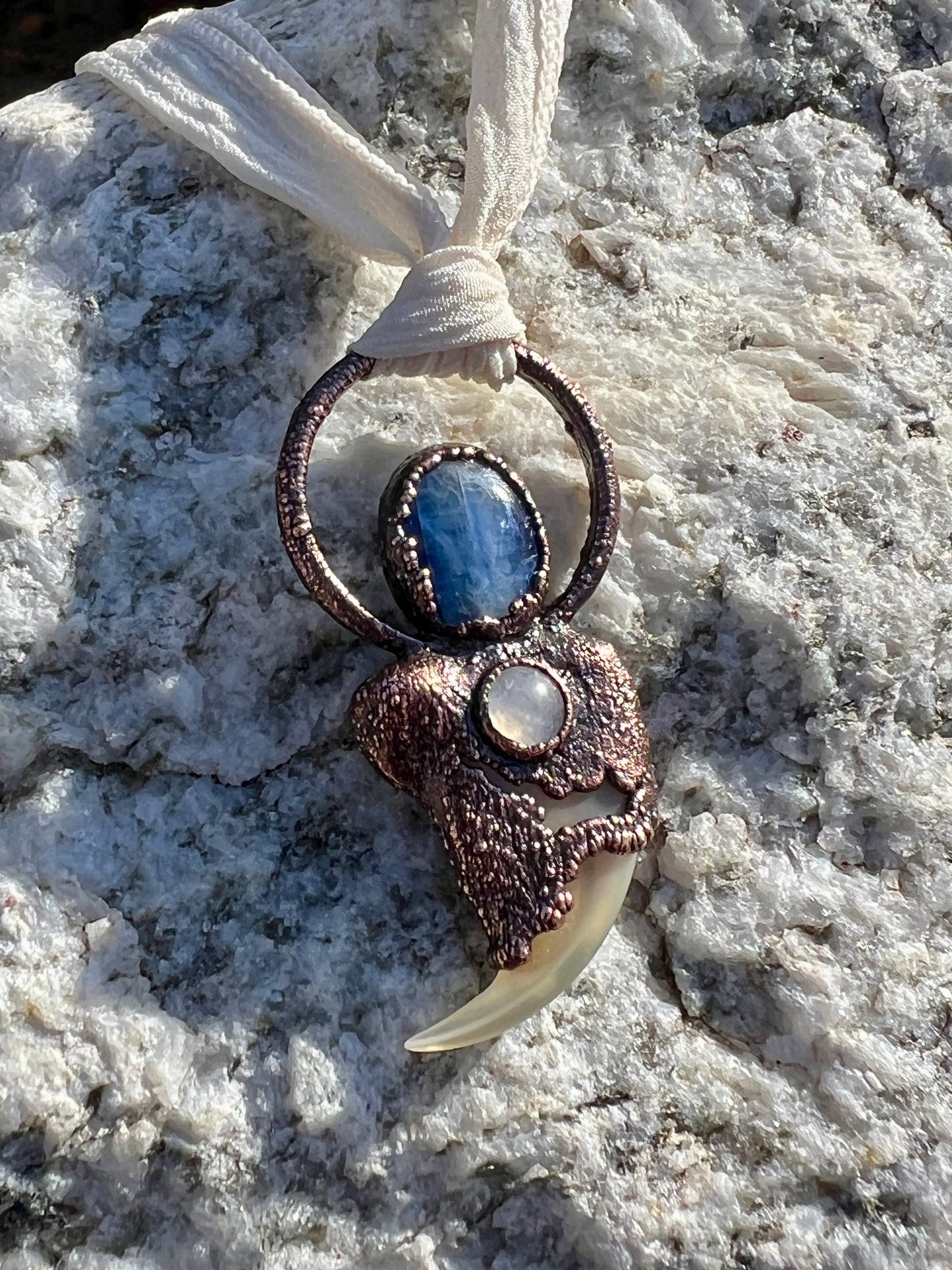 Cougar Claw with Blue Kyanite and Rainbow Moonstone - Copper Electroformed Necklace