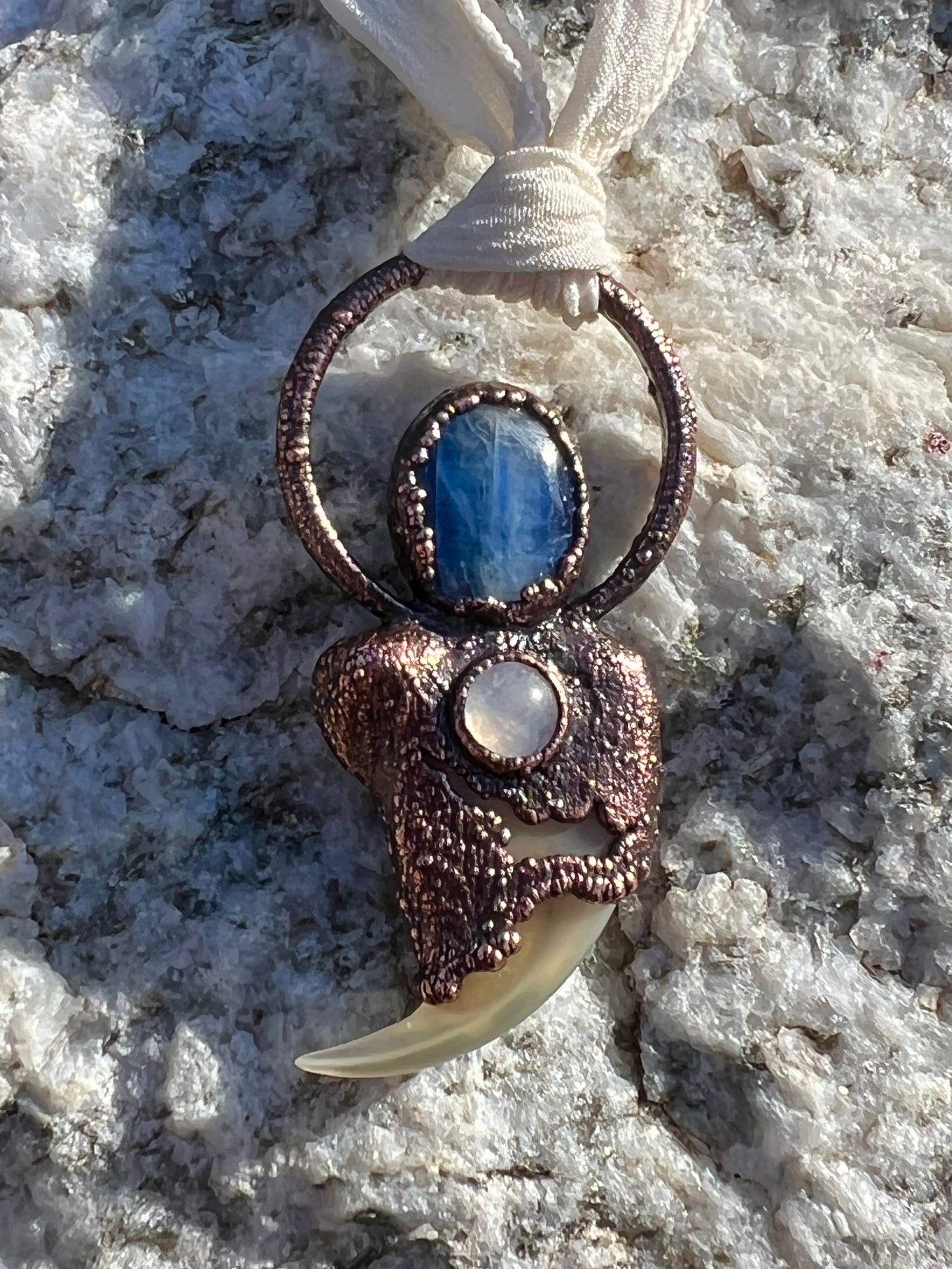 Cougar Claw with Blue Kyanite and Rainbow Moonstone - Copper Electroformed Necklace