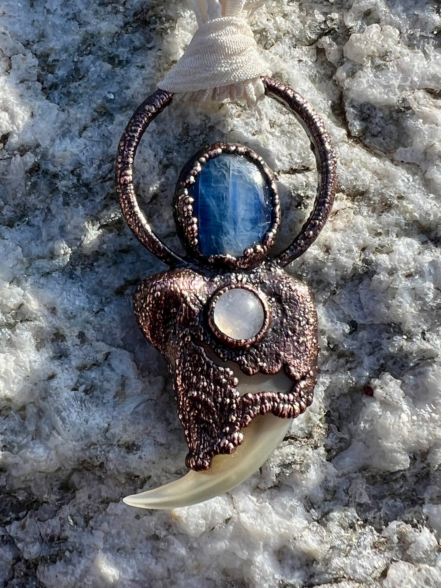 Cougar Claw with Blue Kyanite and Rainbow Moonstone - Copper Electroformed Necklace
