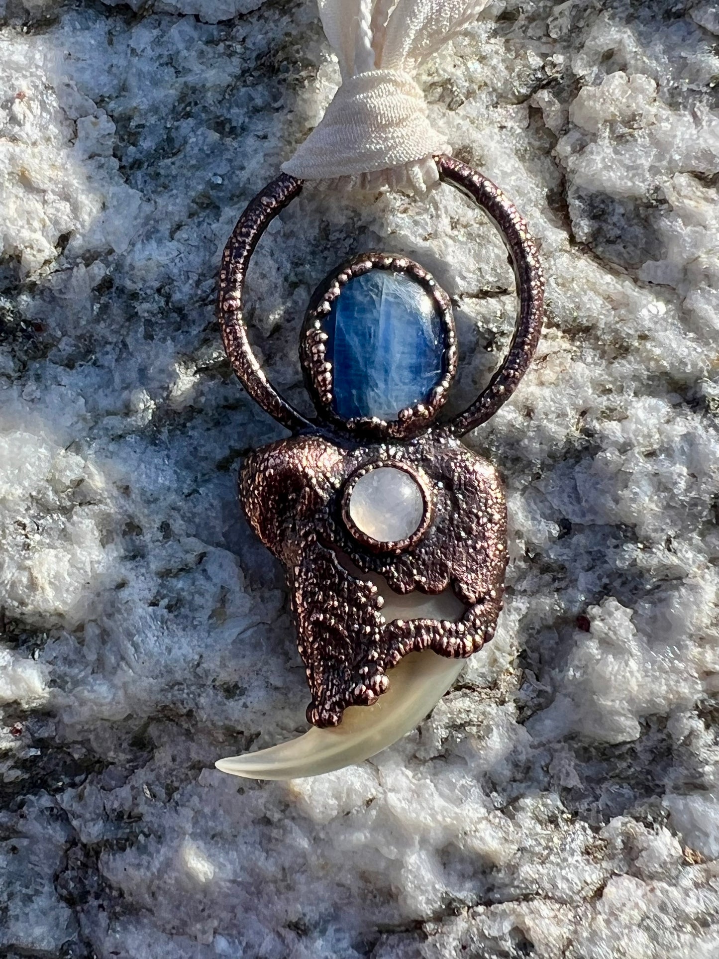 Cougar Claw with Blue Kyanite and Rainbow Moonstone - Copper Electroformed Necklace