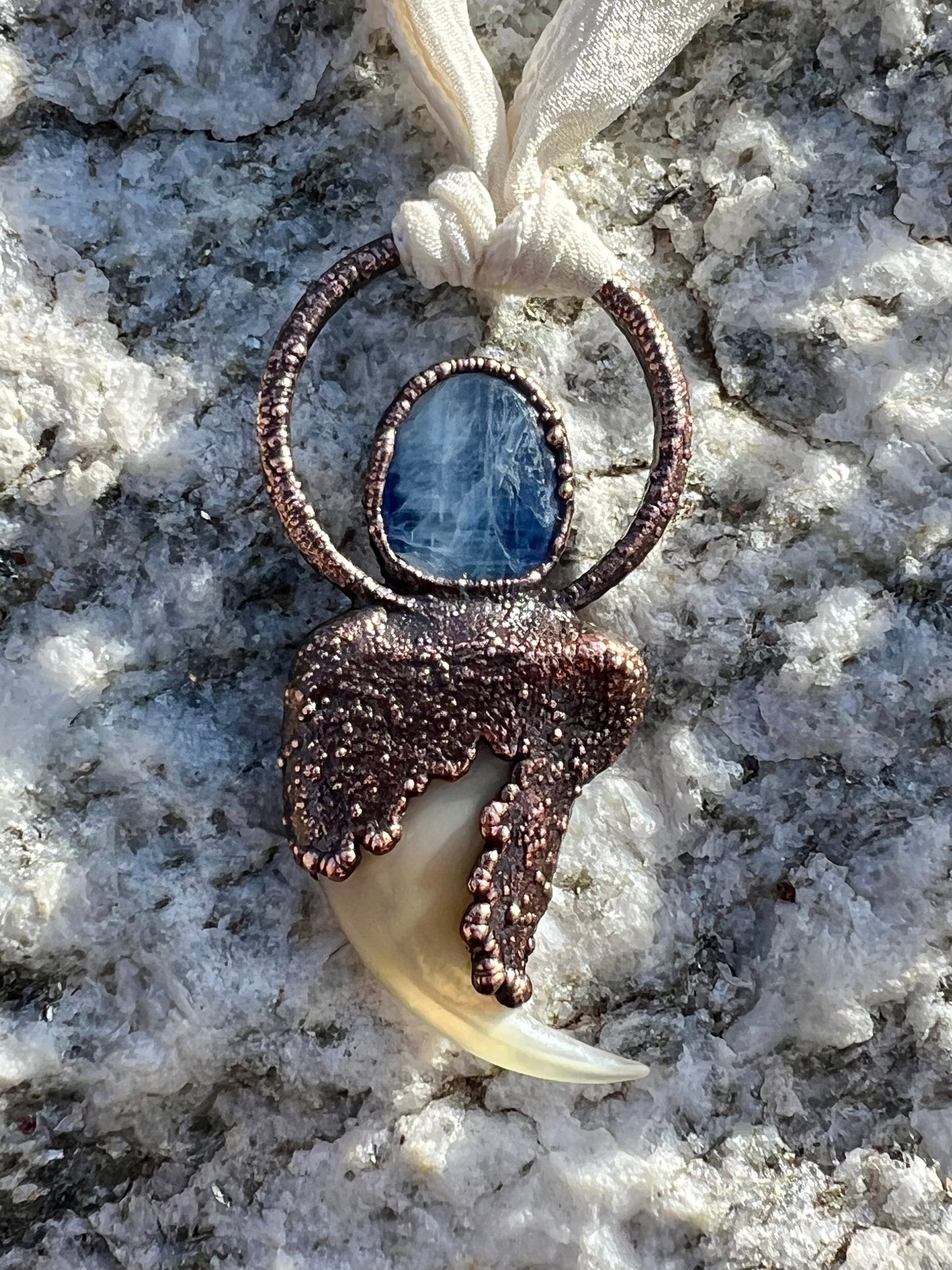 Cougar Claw with Blue Kyanite and Rainbow Moonstone - Copper Electroformed Necklace
