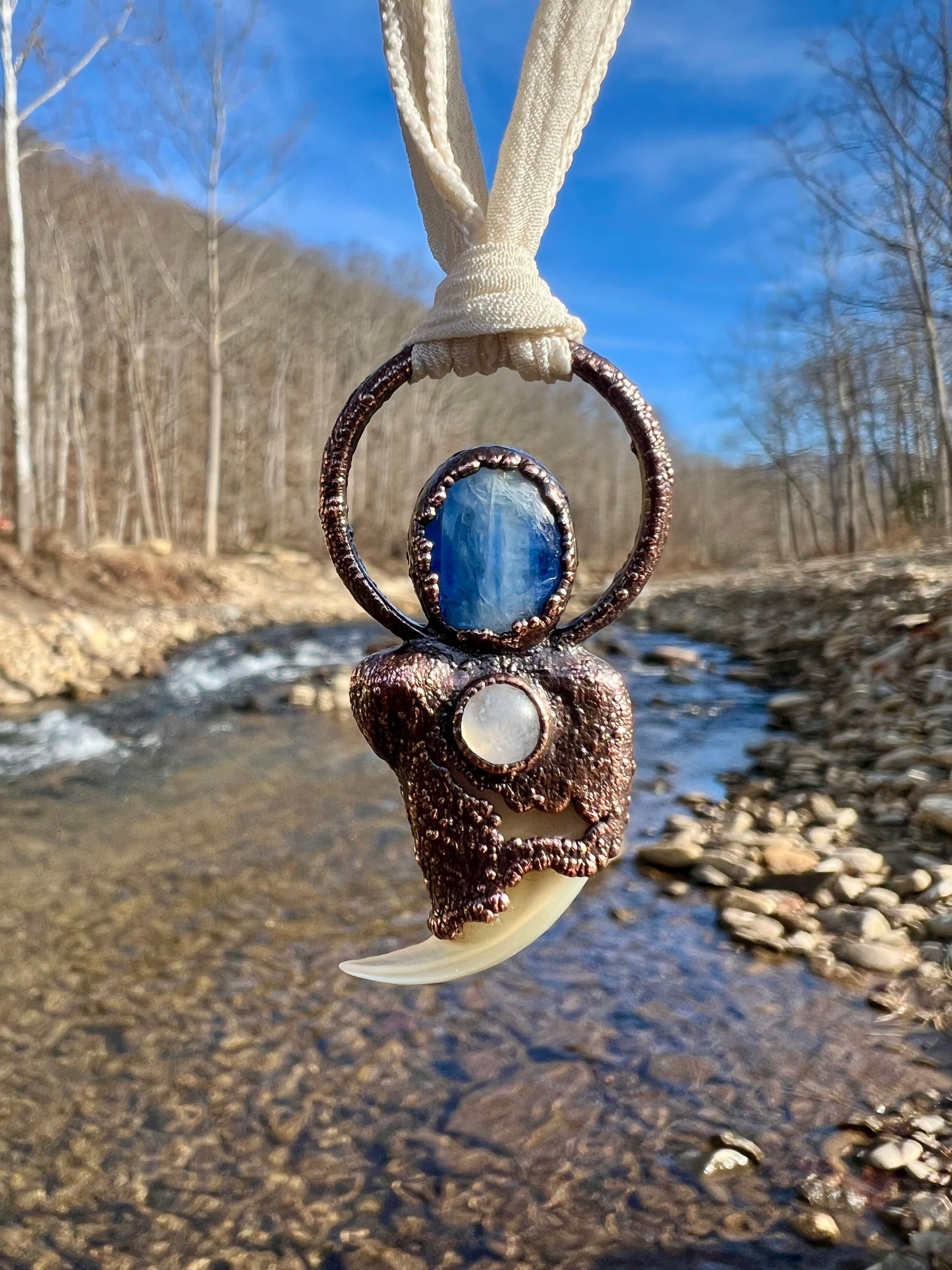 Cougar Claw with Blue Kyanite and Rainbow Moonstone - Copper Electroformed Necklace