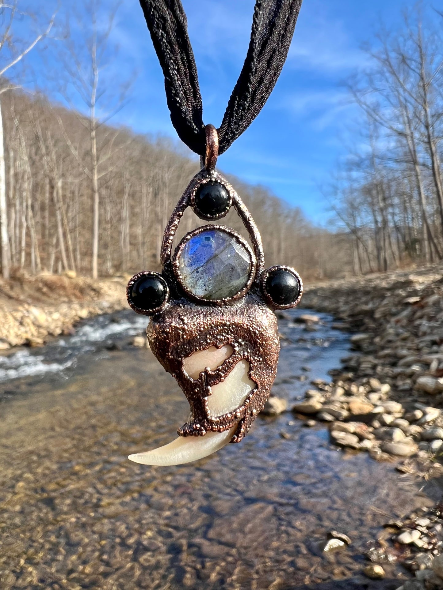 Cougar Claw Necklace with Labradorite and Obsidian - Copper Electroformed