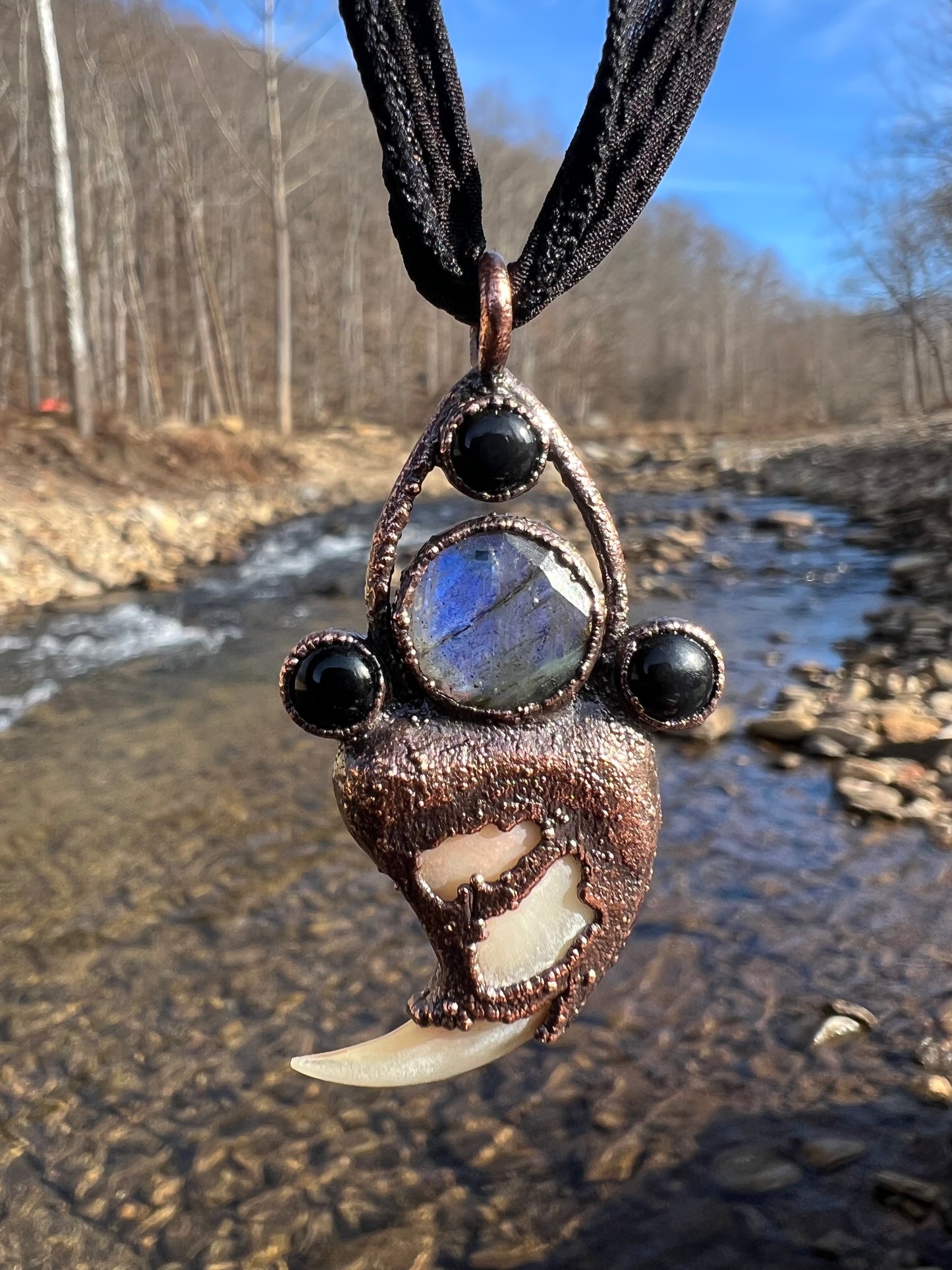 Cougar Claw Necklace with Labradorite and Obsidian - Copper Electroformed