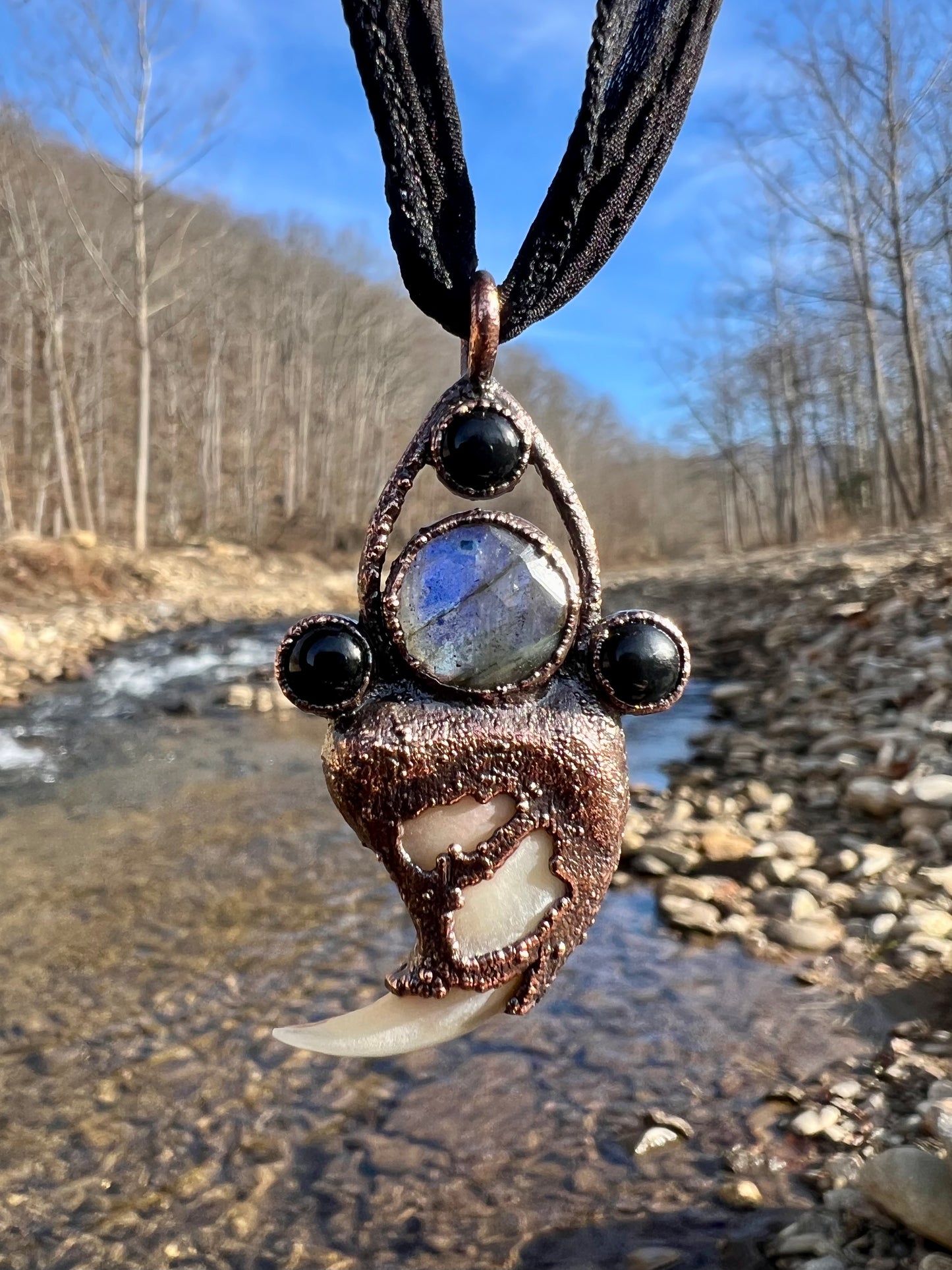 Cougar Claw Necklace with Labradorite and Obsidian - Copper Electroformed