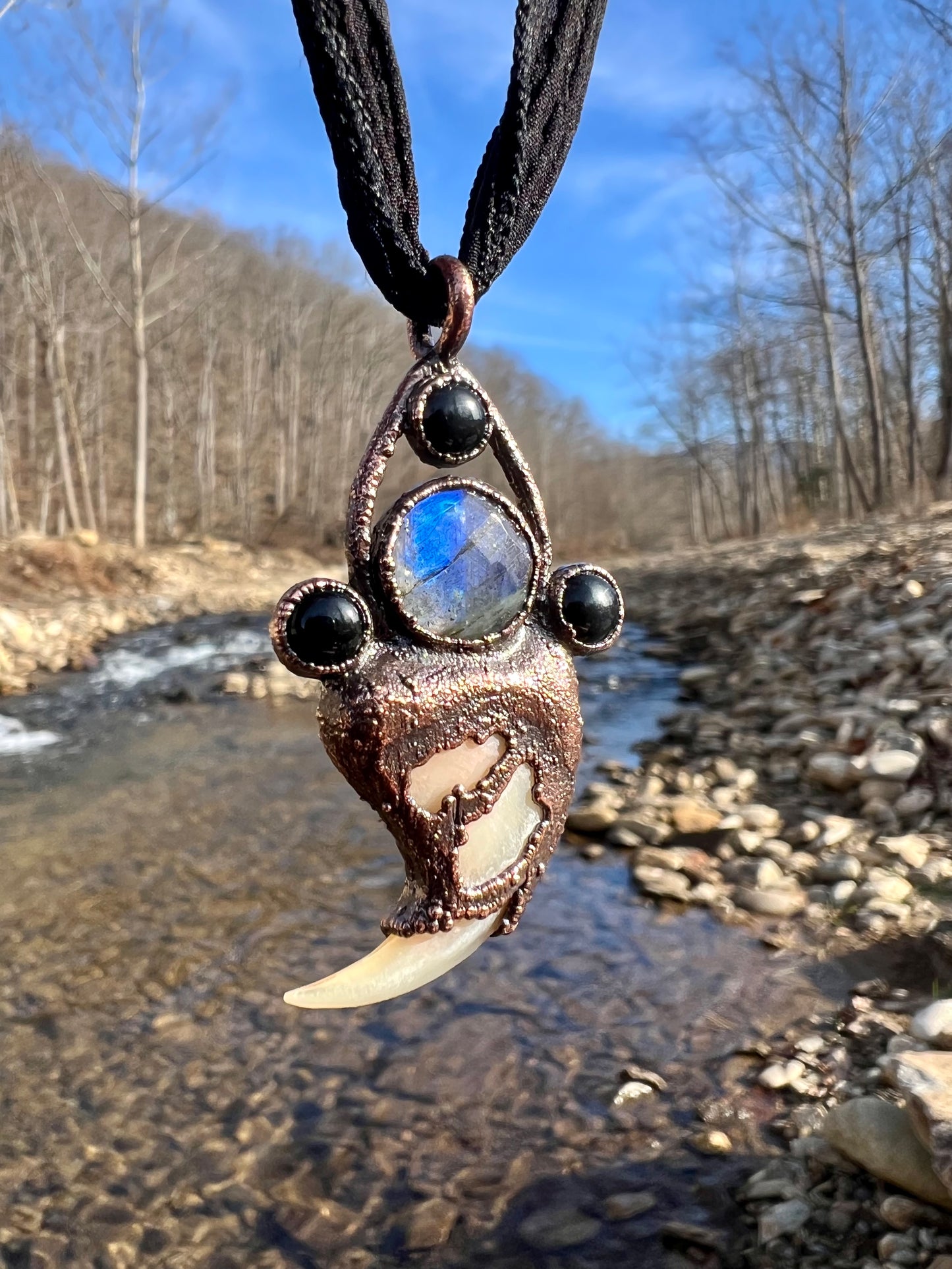 Cougar Claw Necklace with Labradorite and Obsidian - Copper Electroformed