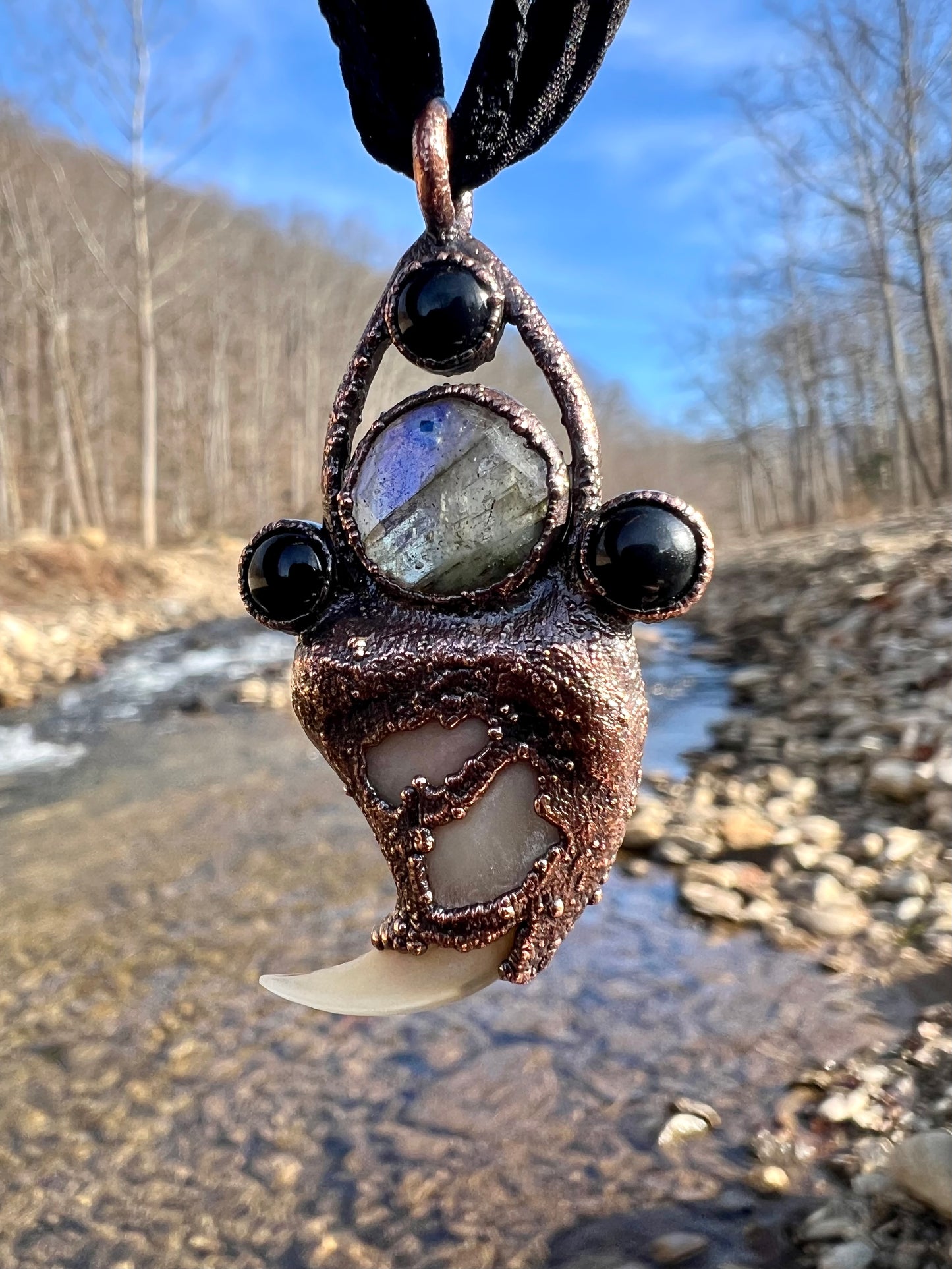 Cougar Claw Necklace with Labradorite and Obsidian - Copper Electroformed