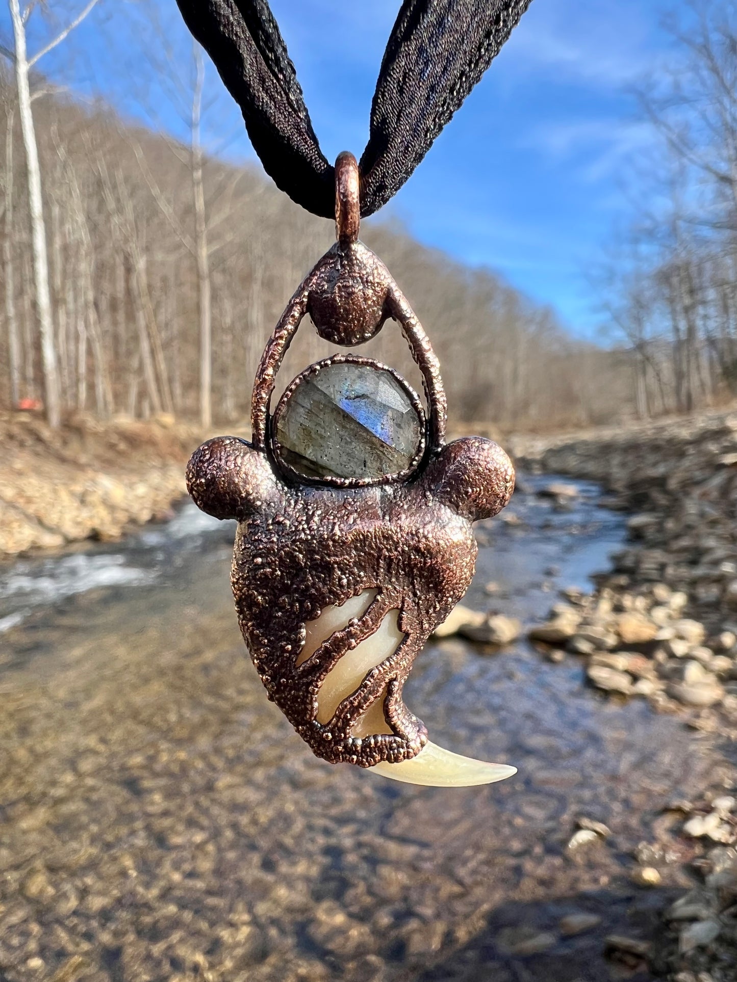 Cougar Claw Necklace with Labradorite and Obsidian - Copper Electroformed