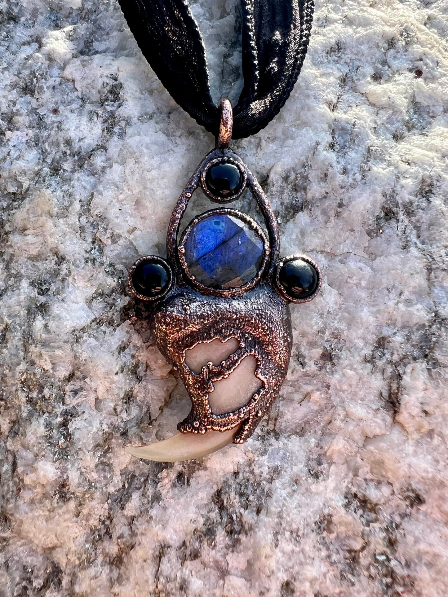 Cougar Claw Necklace with Labradorite and Obsidian - Copper Electroformed