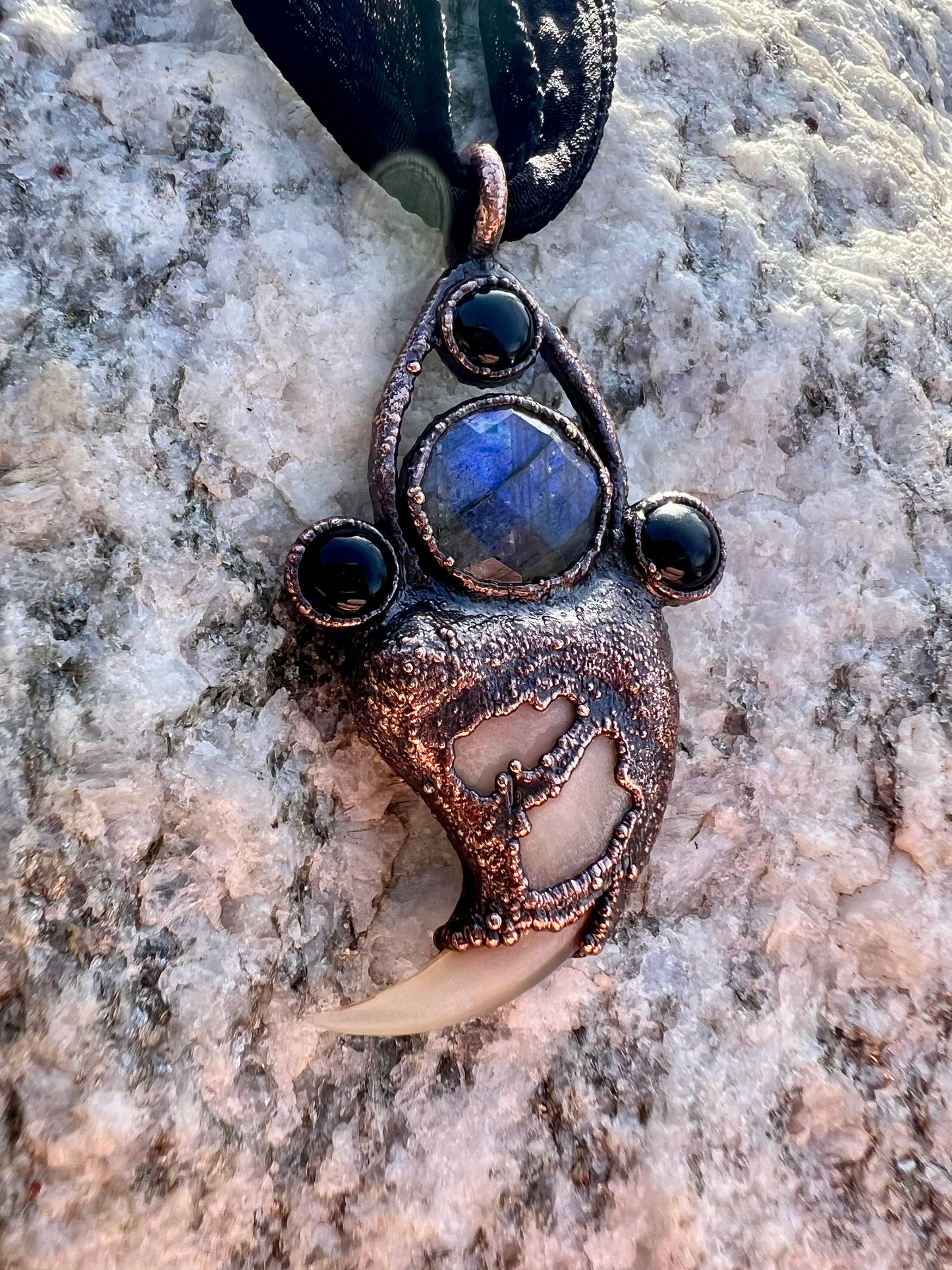 Cougar Claw Necklace with Labradorite and Obsidian - Copper Electroformed