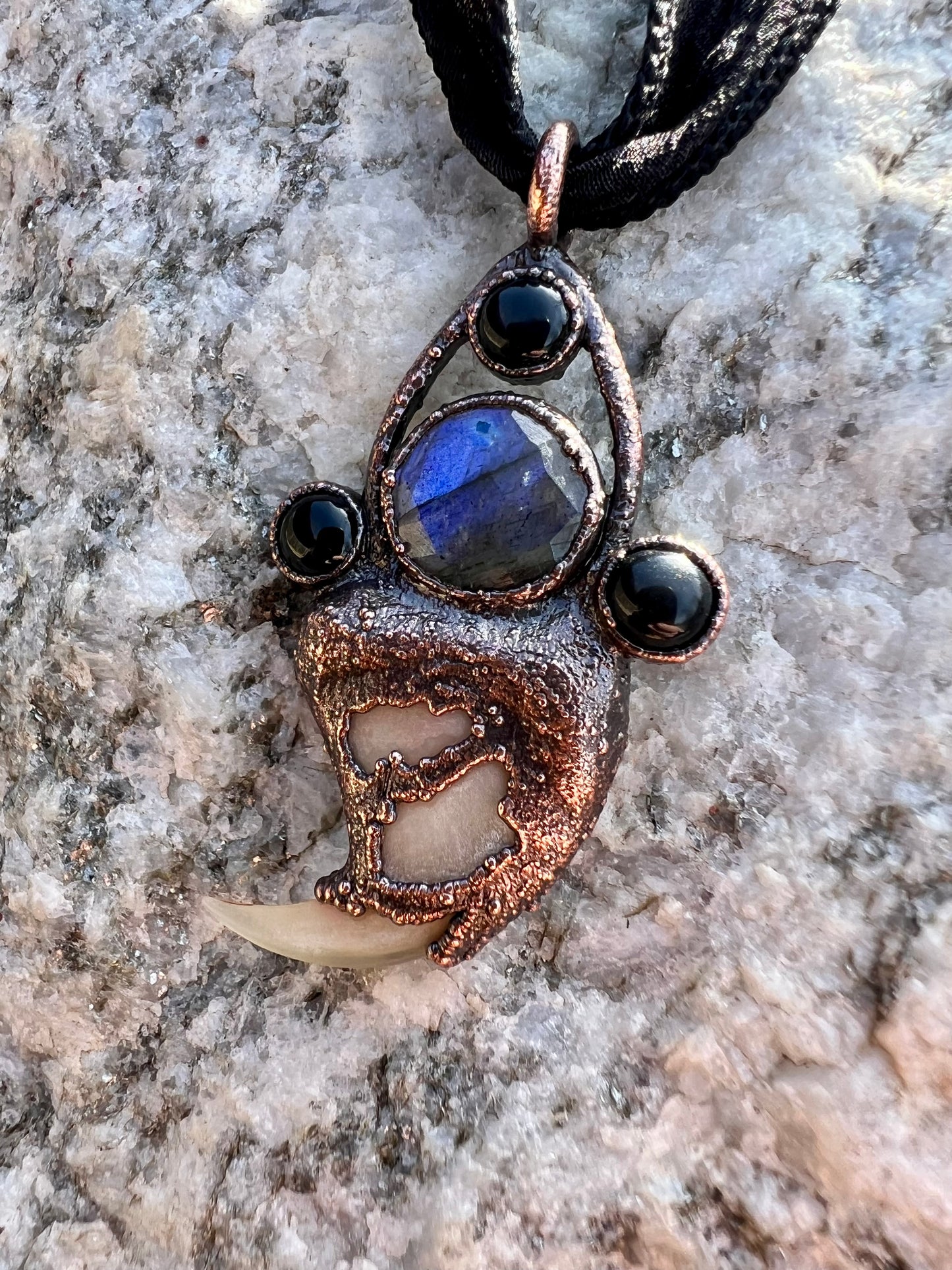 Cougar Claw Necklace with Labradorite and Obsidian - Copper Electroformed