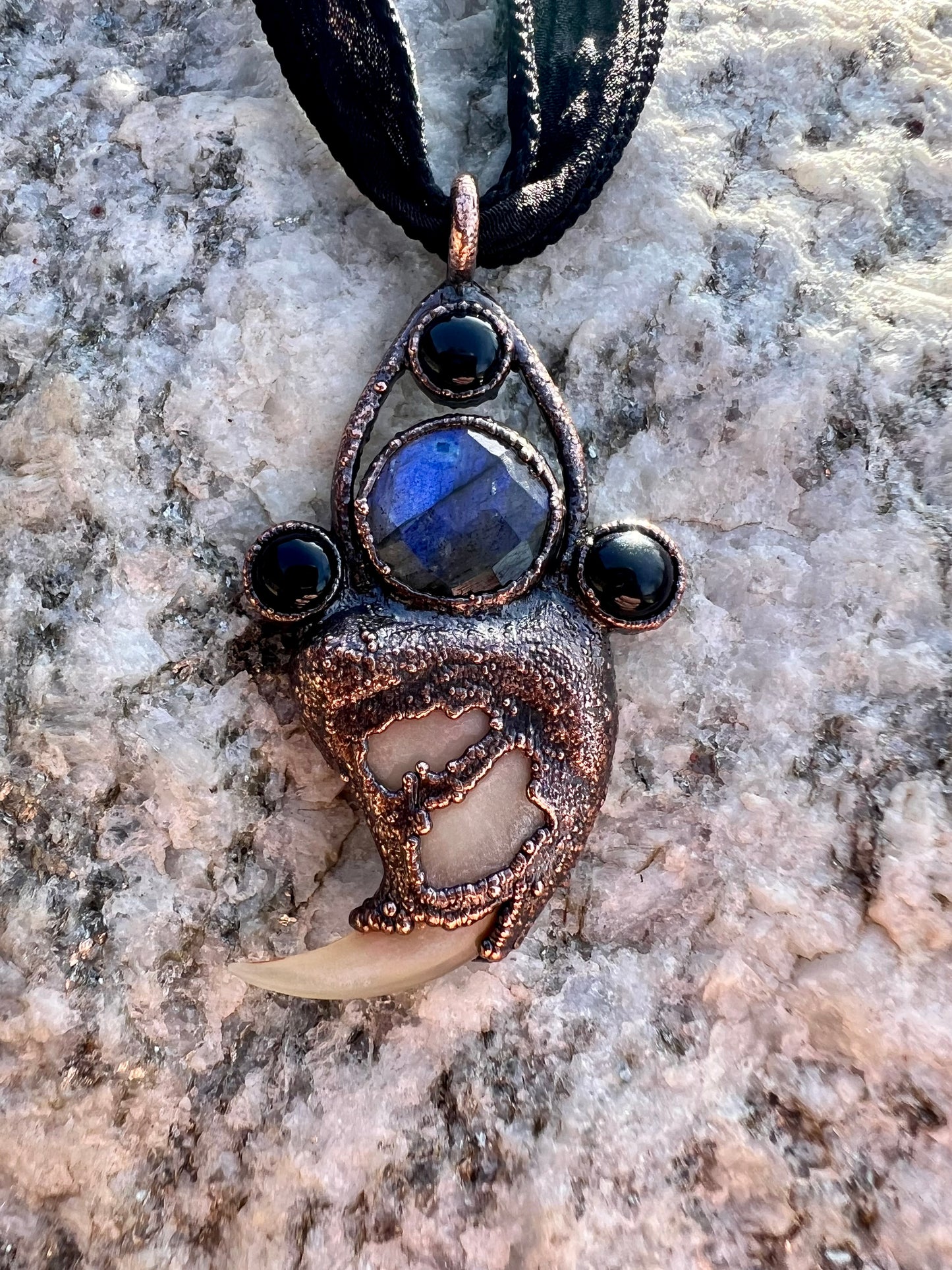 Cougar Claw Necklace with Labradorite and Obsidian - Copper Electroformed
