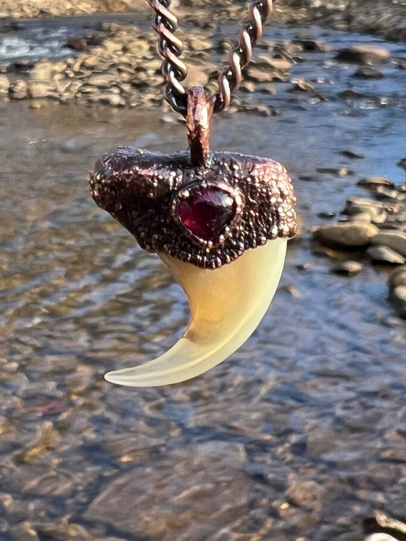 Cougar Claw with Red Tourmaline - Copper Electroformed Necklace