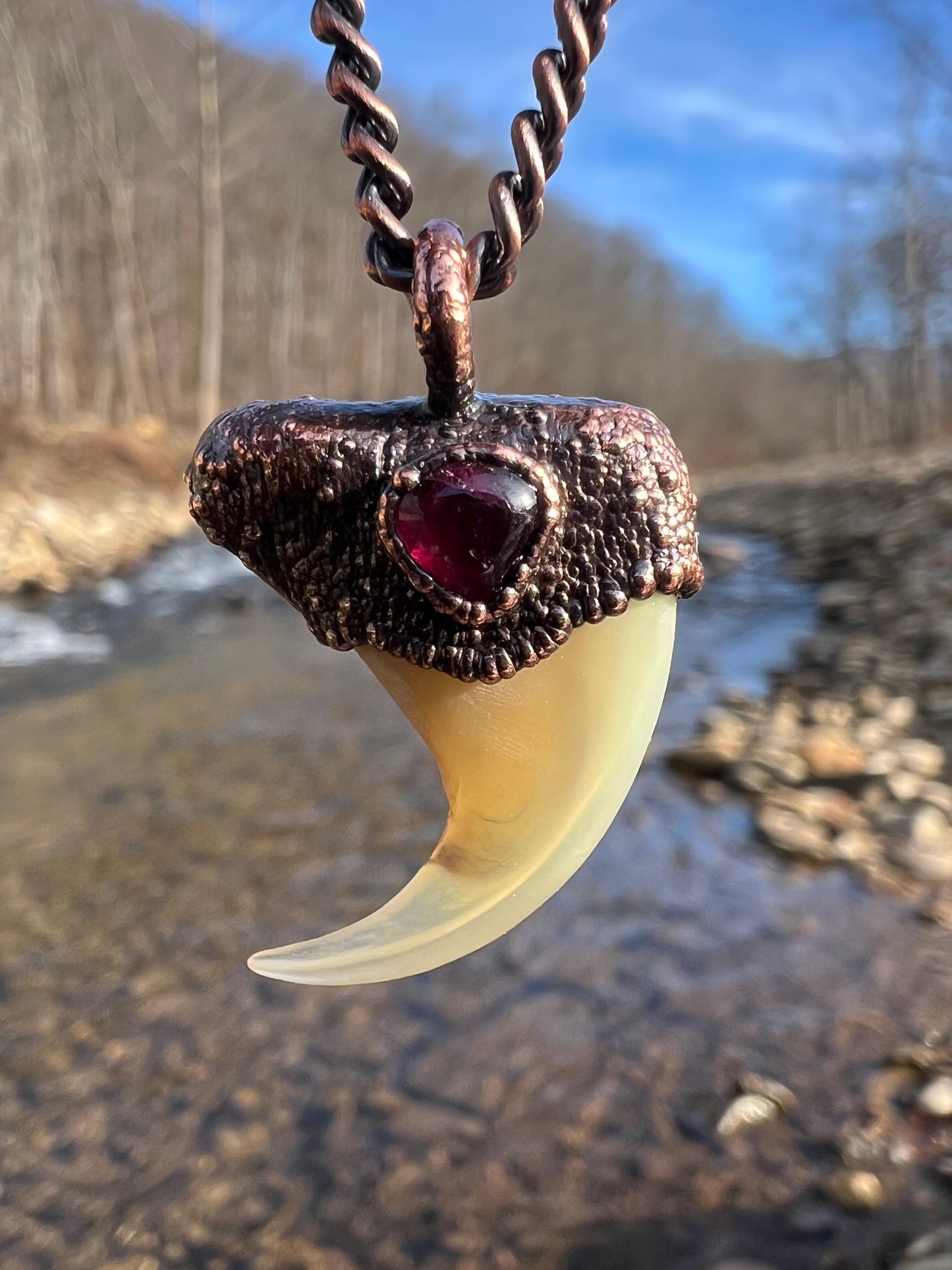 Cougar Claw with Red Tourmaline - Copper Electroformed Necklace