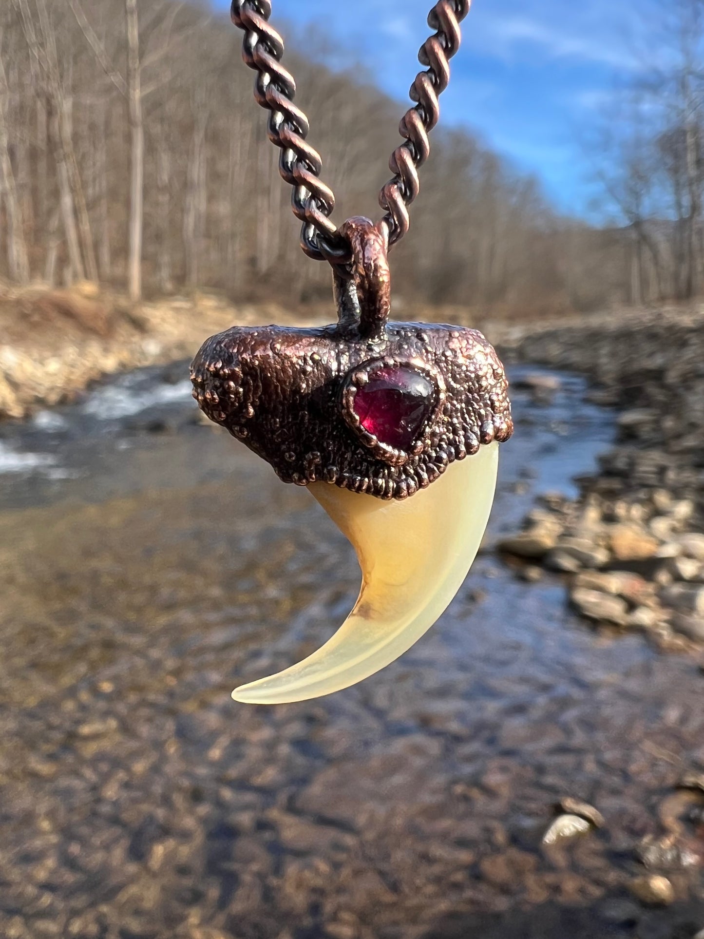 Cougar Claw with Red Tourmaline - Copper Electroformed Necklace