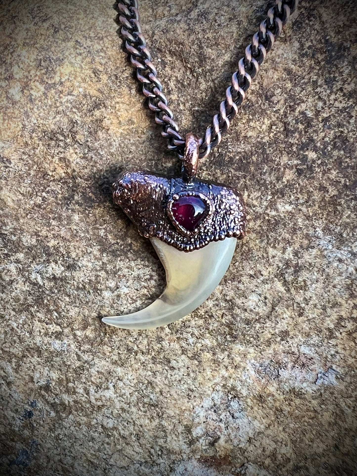 Cougar Claw with Red Tourmaline - Copper Electroformed Necklace