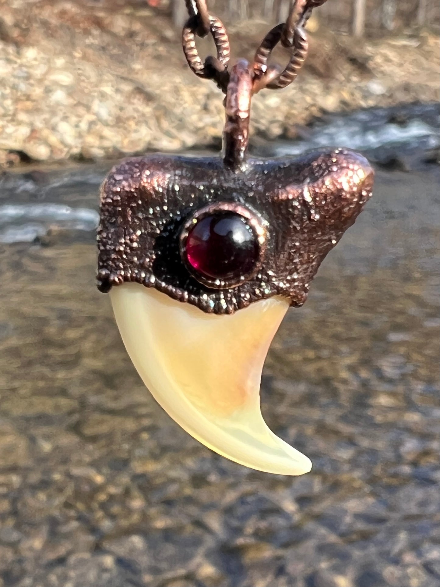Cougar Claw with Garnet - Copper Electroformed Necklace