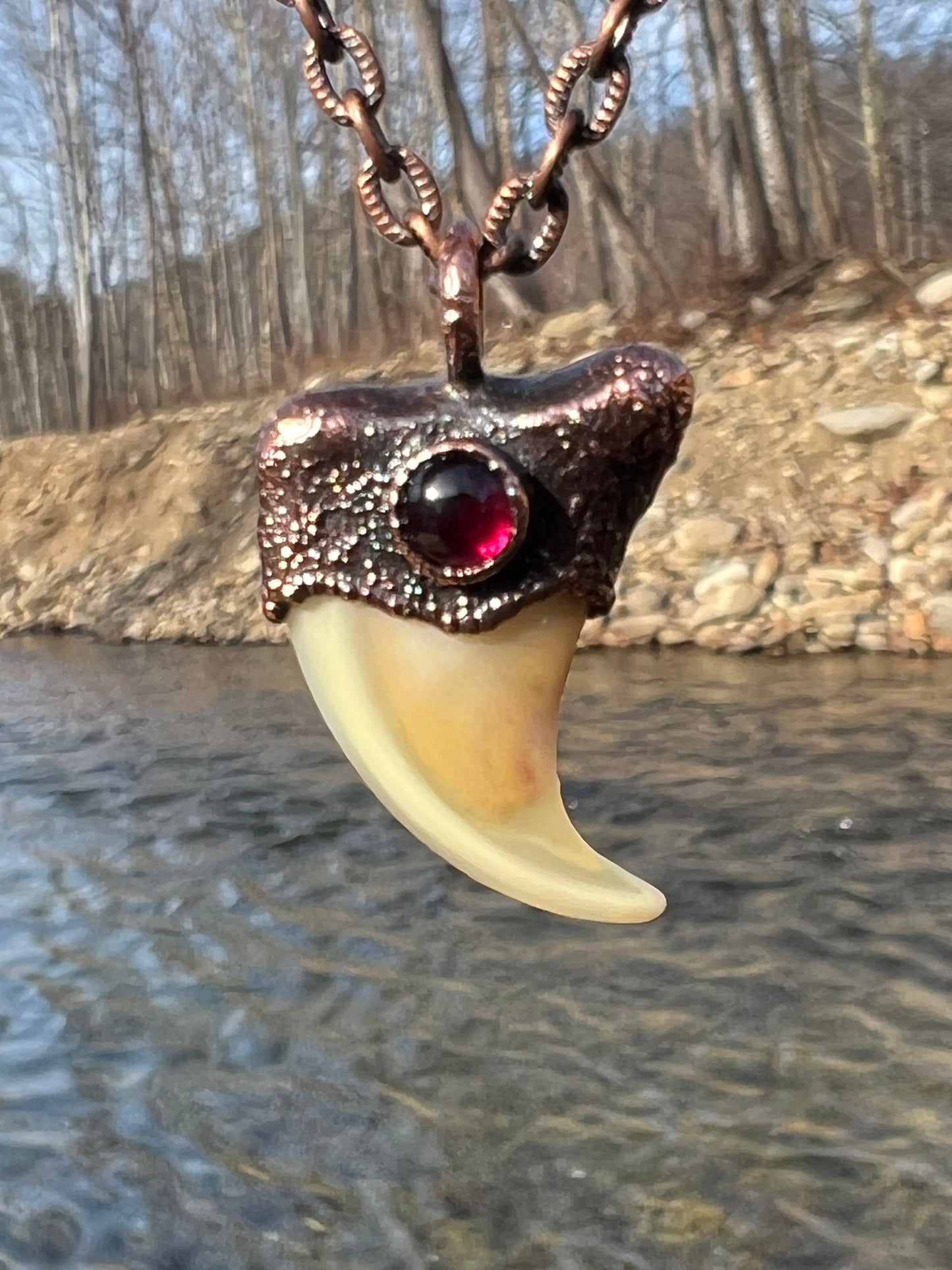 Cougar Claw with Garnet - Copper Electroformed Necklace