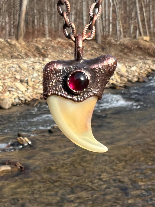 Cougar Claw with Garnet - Copper Electroformed Necklace