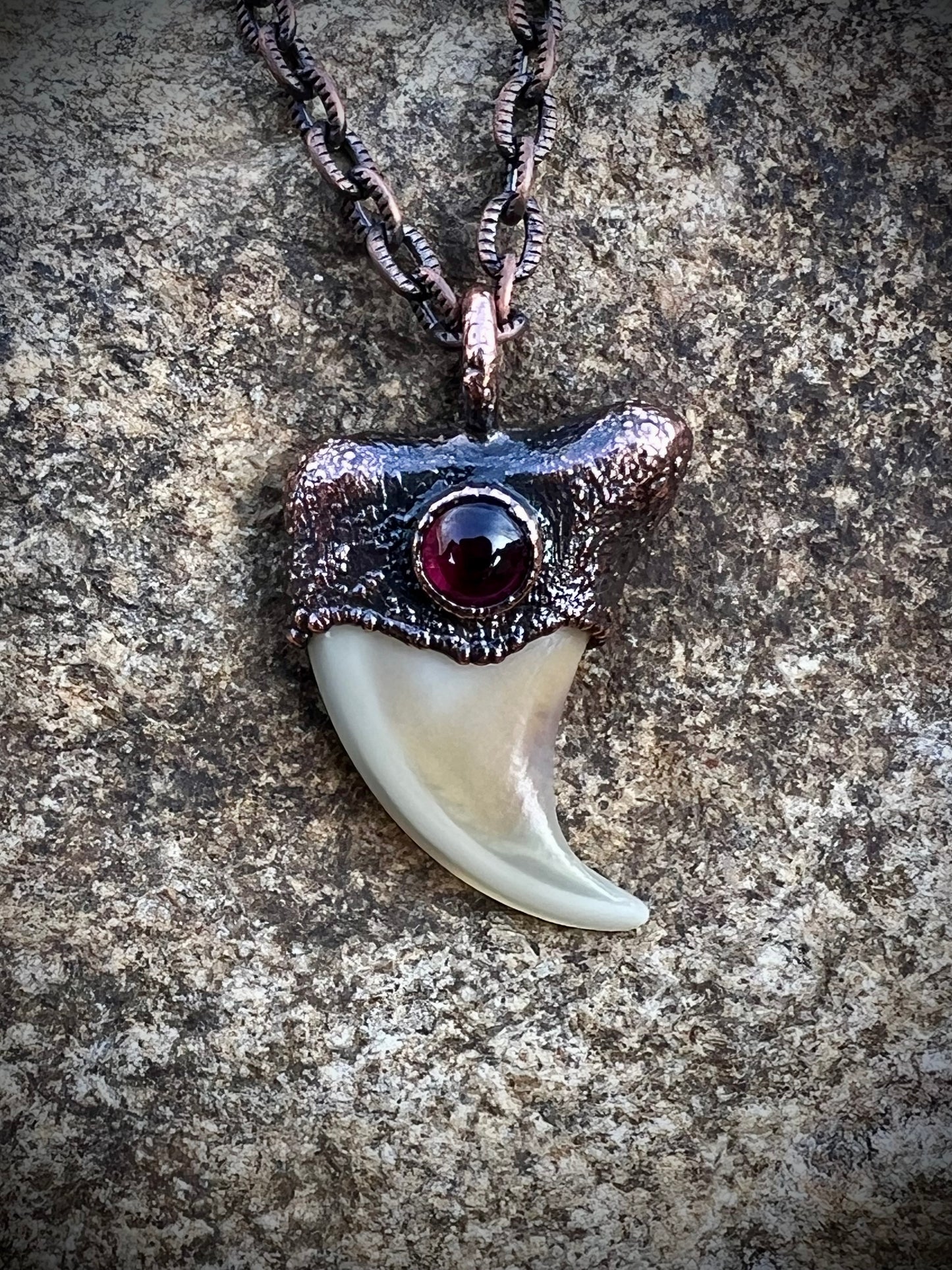 Cougar Claw with Garnet - Copper Electroformed Necklace