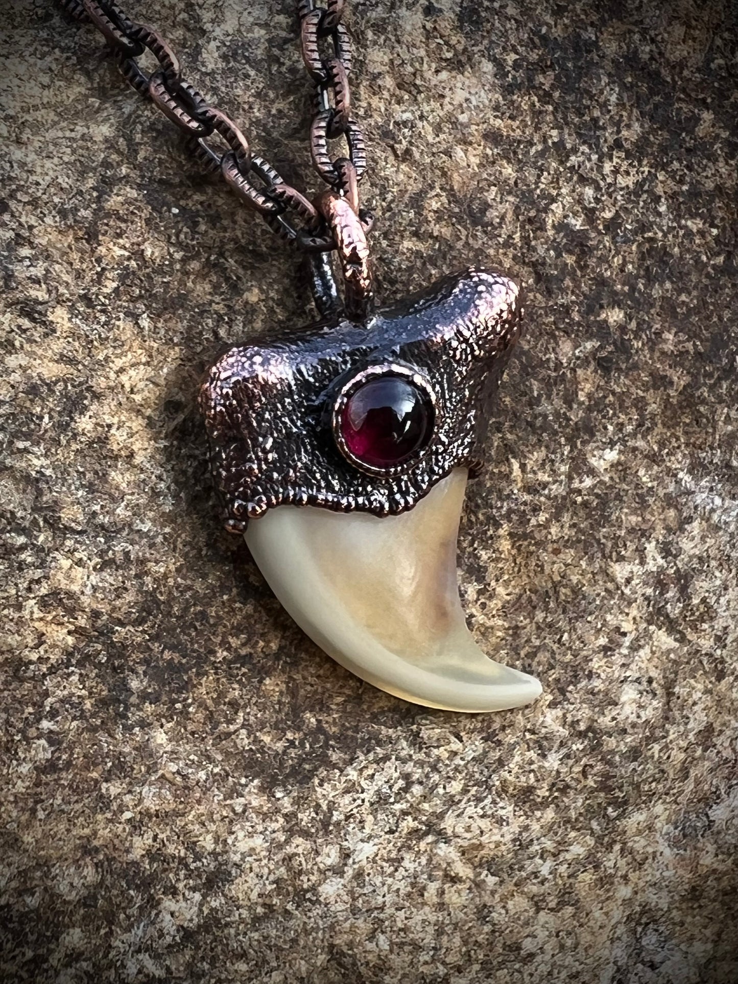 Cougar Claw with Garnet - Copper Electroformed Necklace