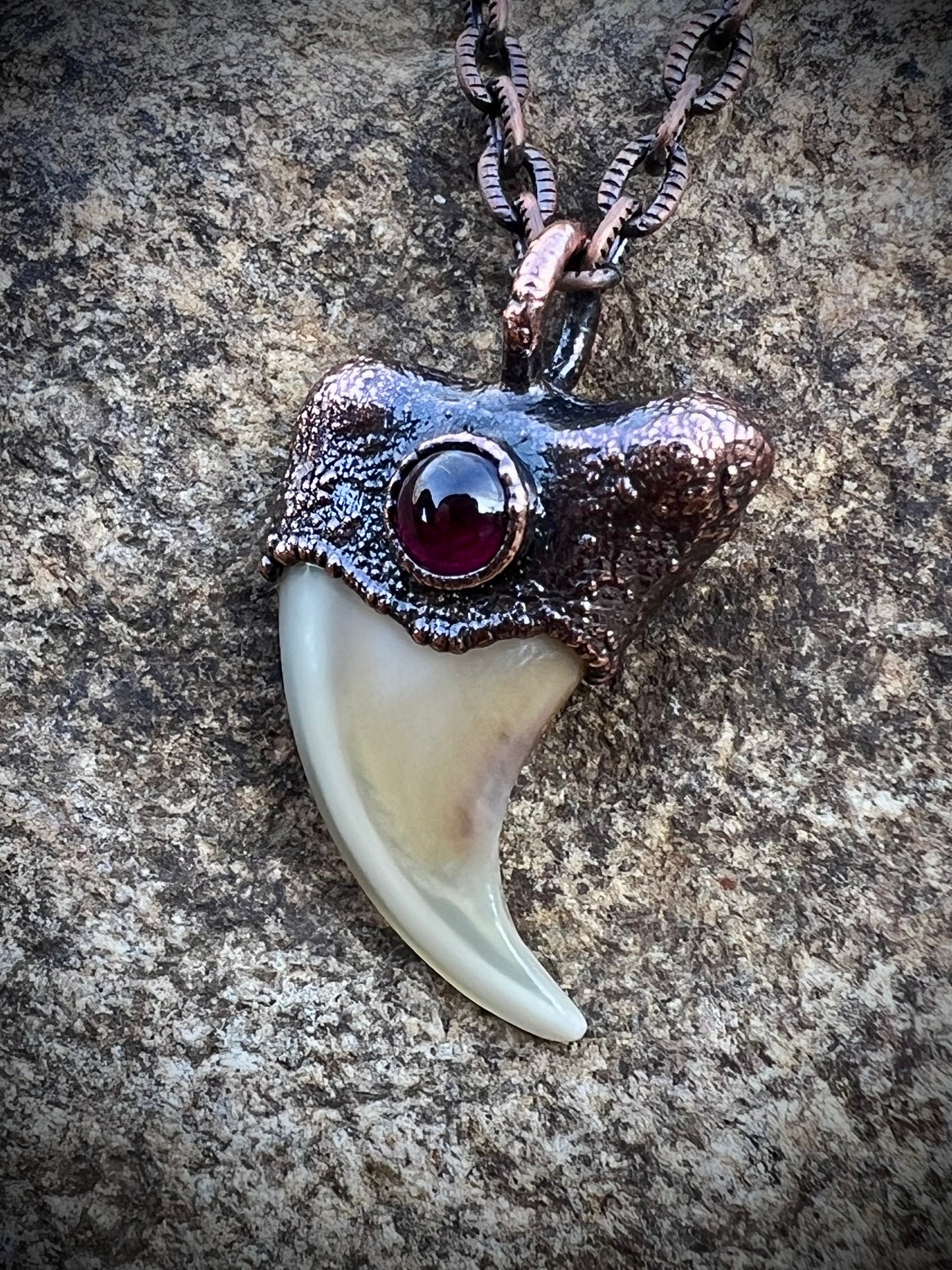 Cougar Claw with Garnet - Copper Electroformed Necklace