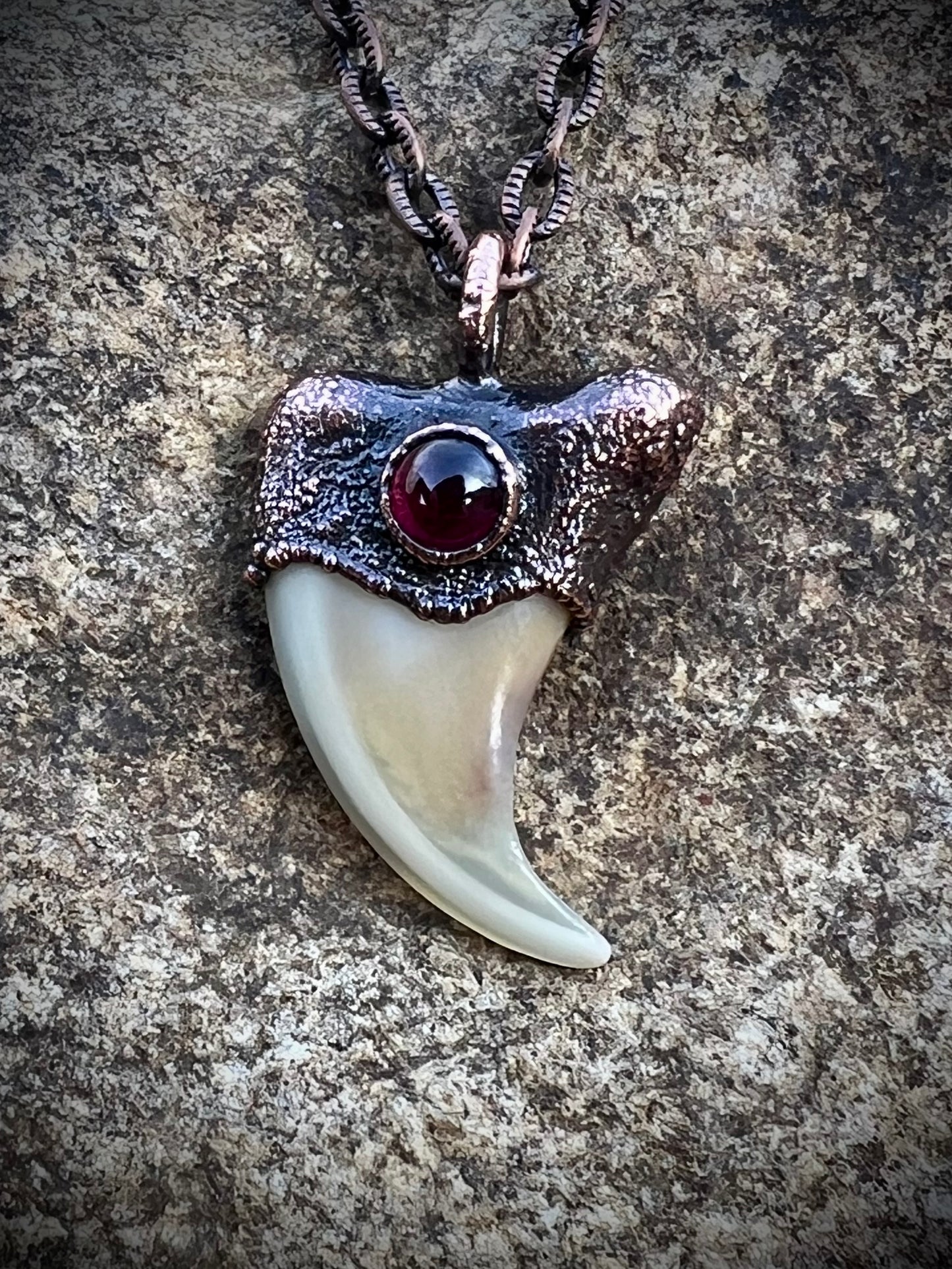 Cougar Claw with Garnet - Copper Electroformed Necklace