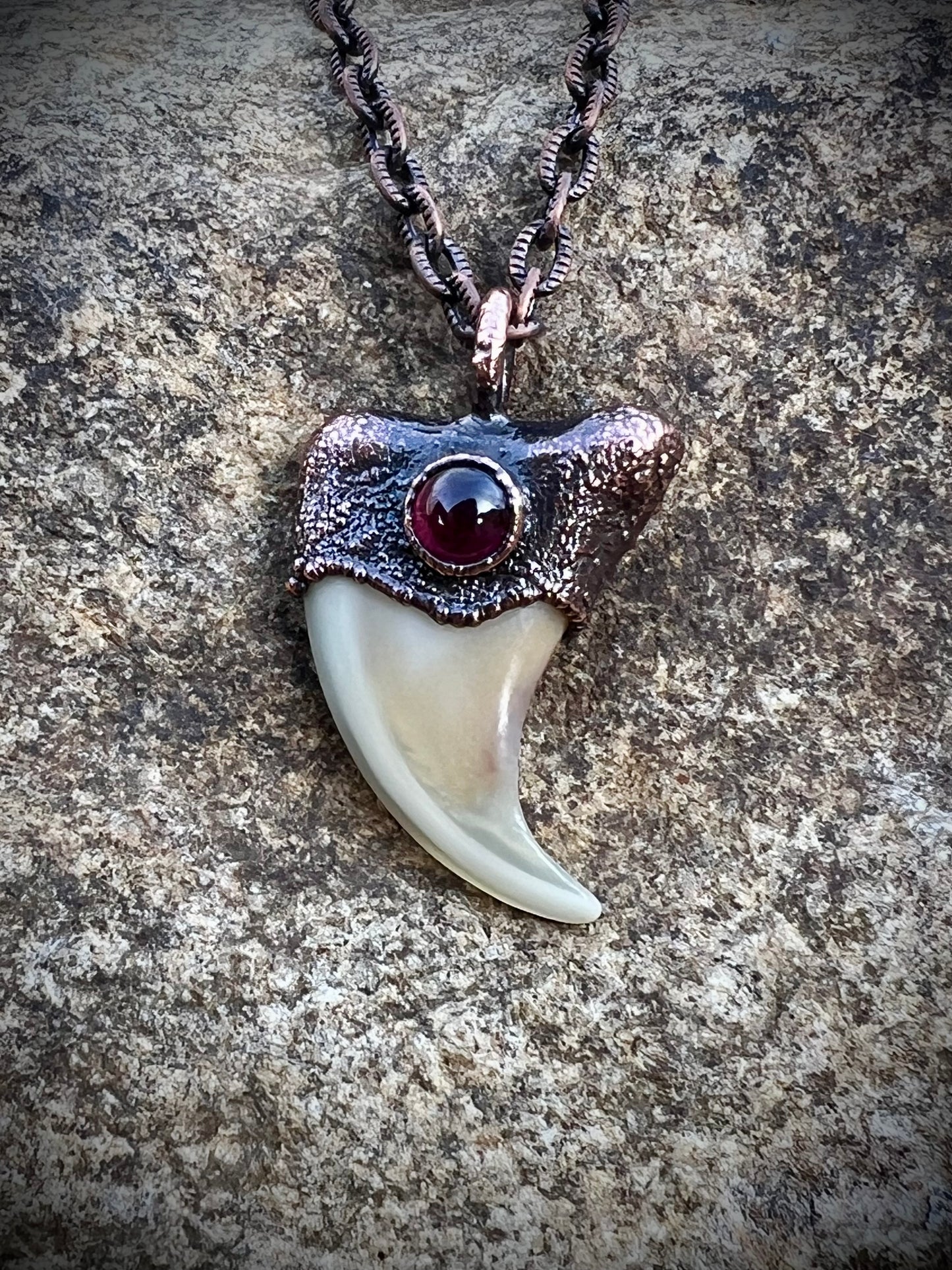 Cougar Claw with Garnet - Copper Electroformed Necklace